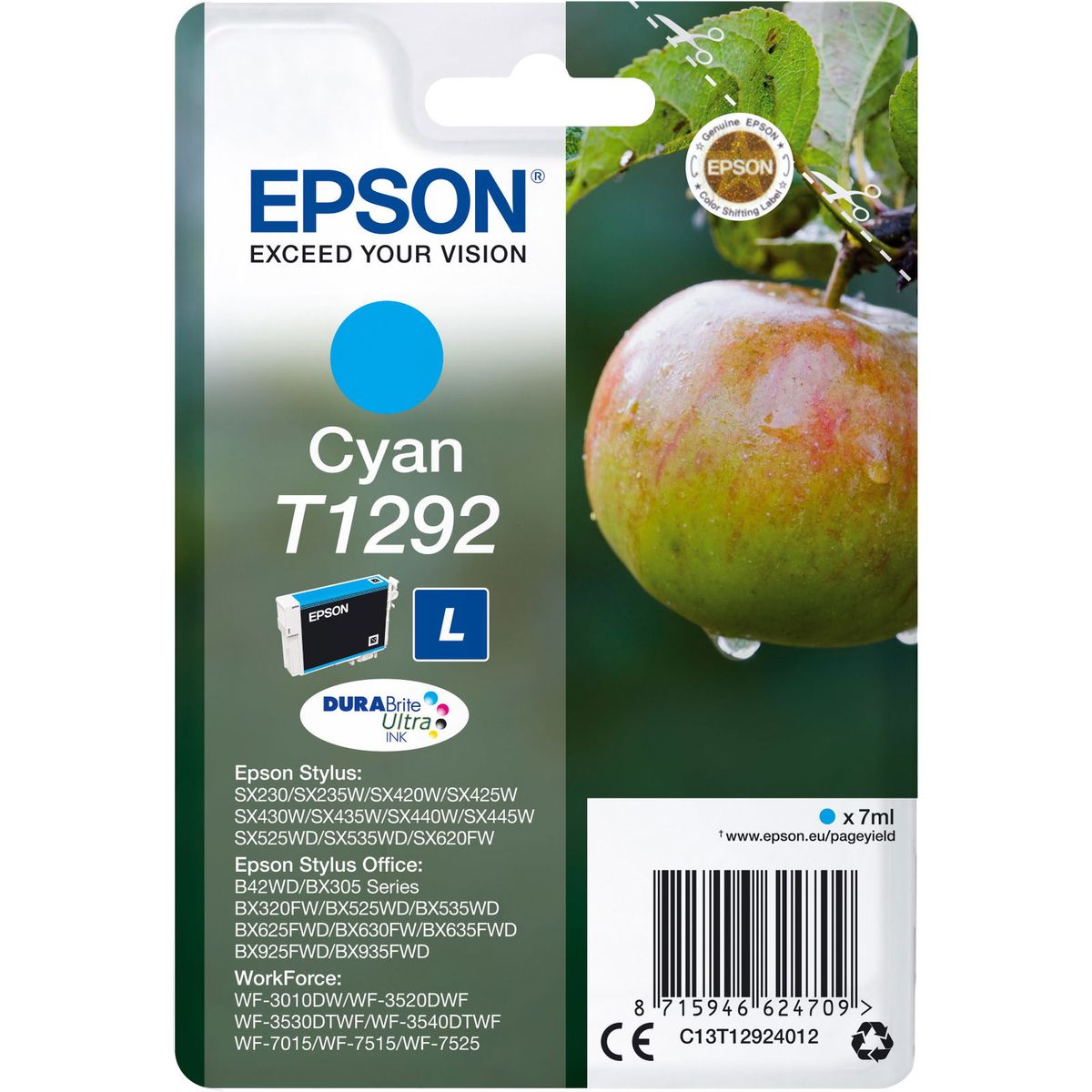 Epson T1292 C13T12924012 Cyan Blækpatron, 445 sider