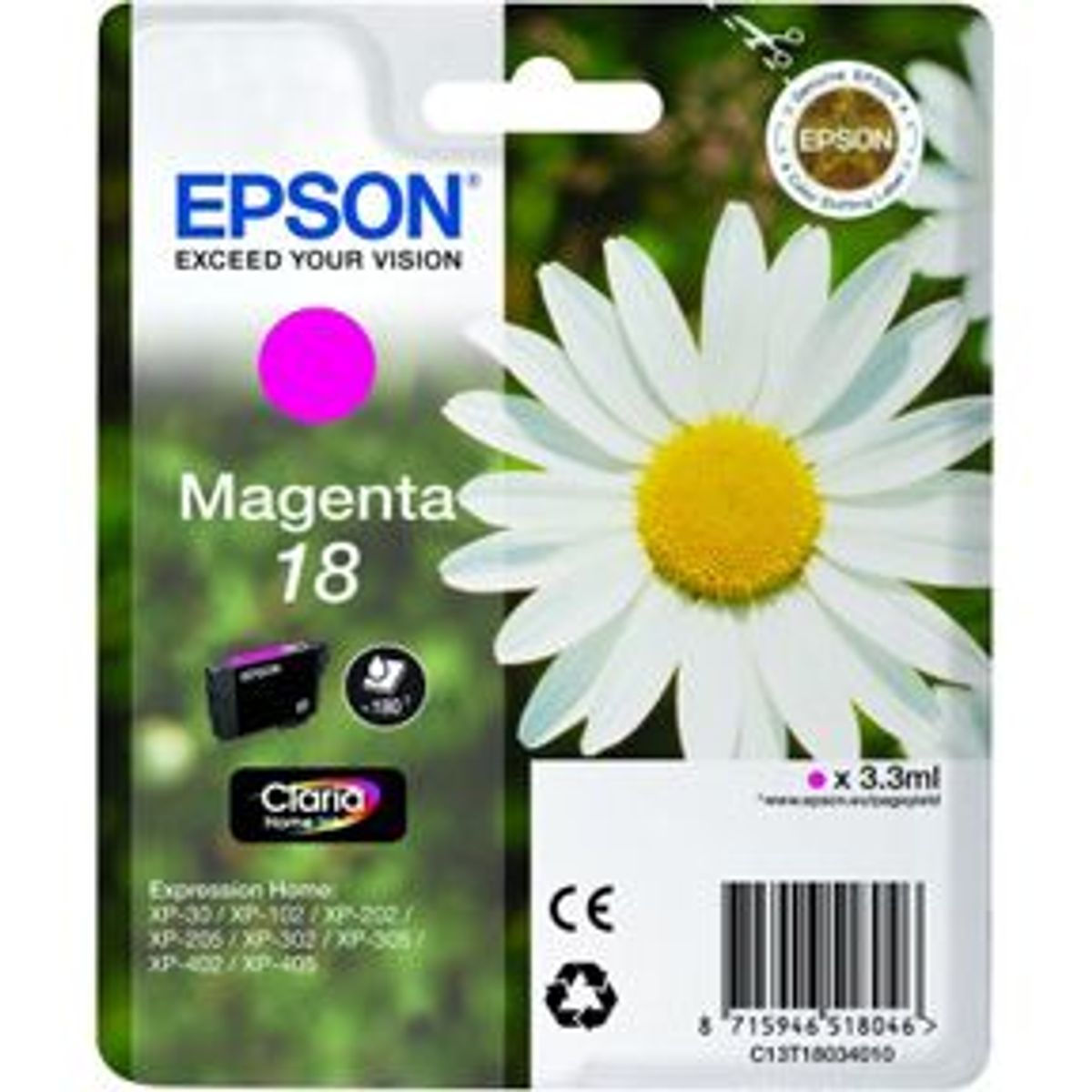 Epson T1803 M (C13T18034012) Magenta Blækpatron, Original 3,95ml