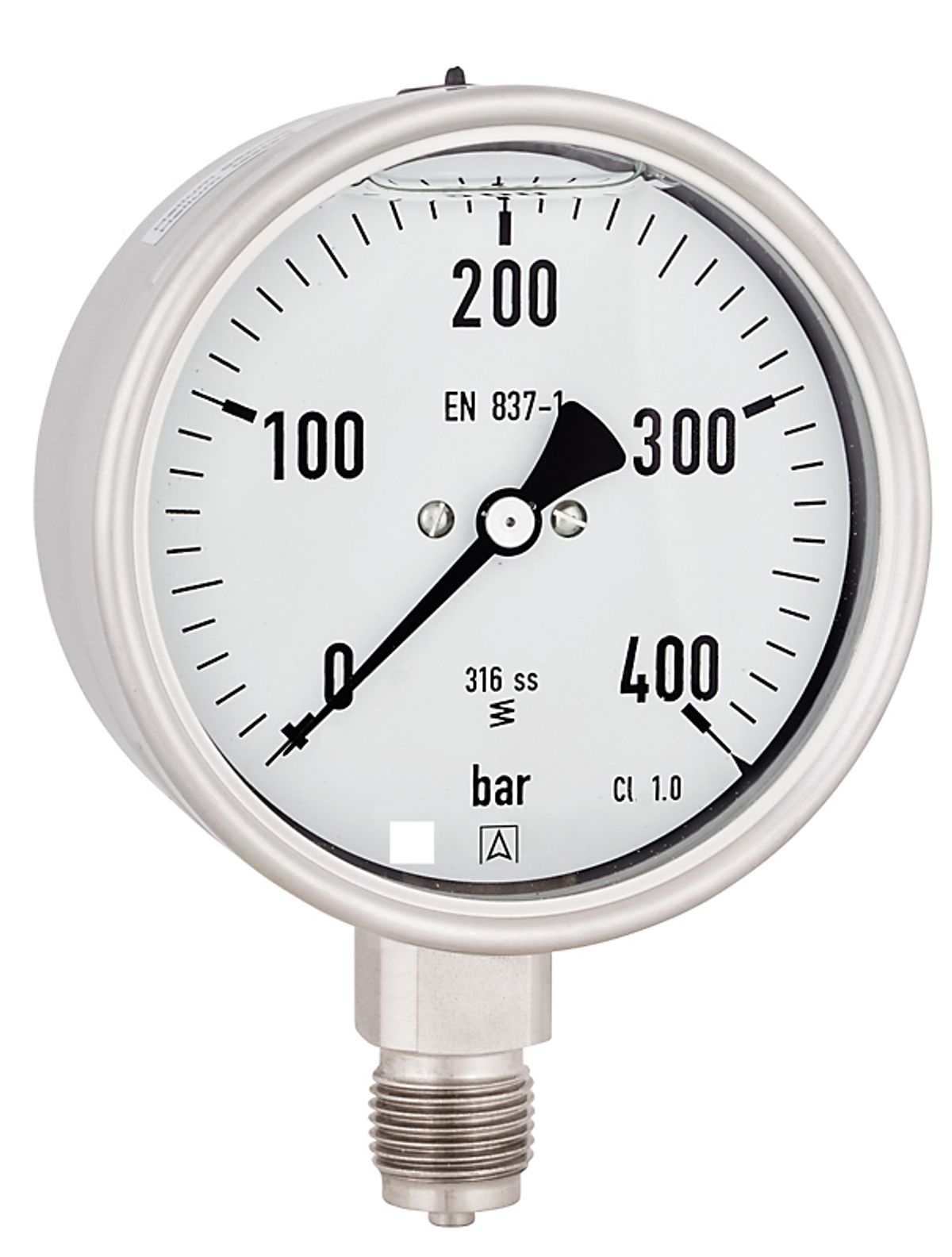 Erik Færgemann Manometer 0-10bar ø100 mm. Rustfri/Syrefast. Med glycerin kl. 1,0, 1/2'' ned