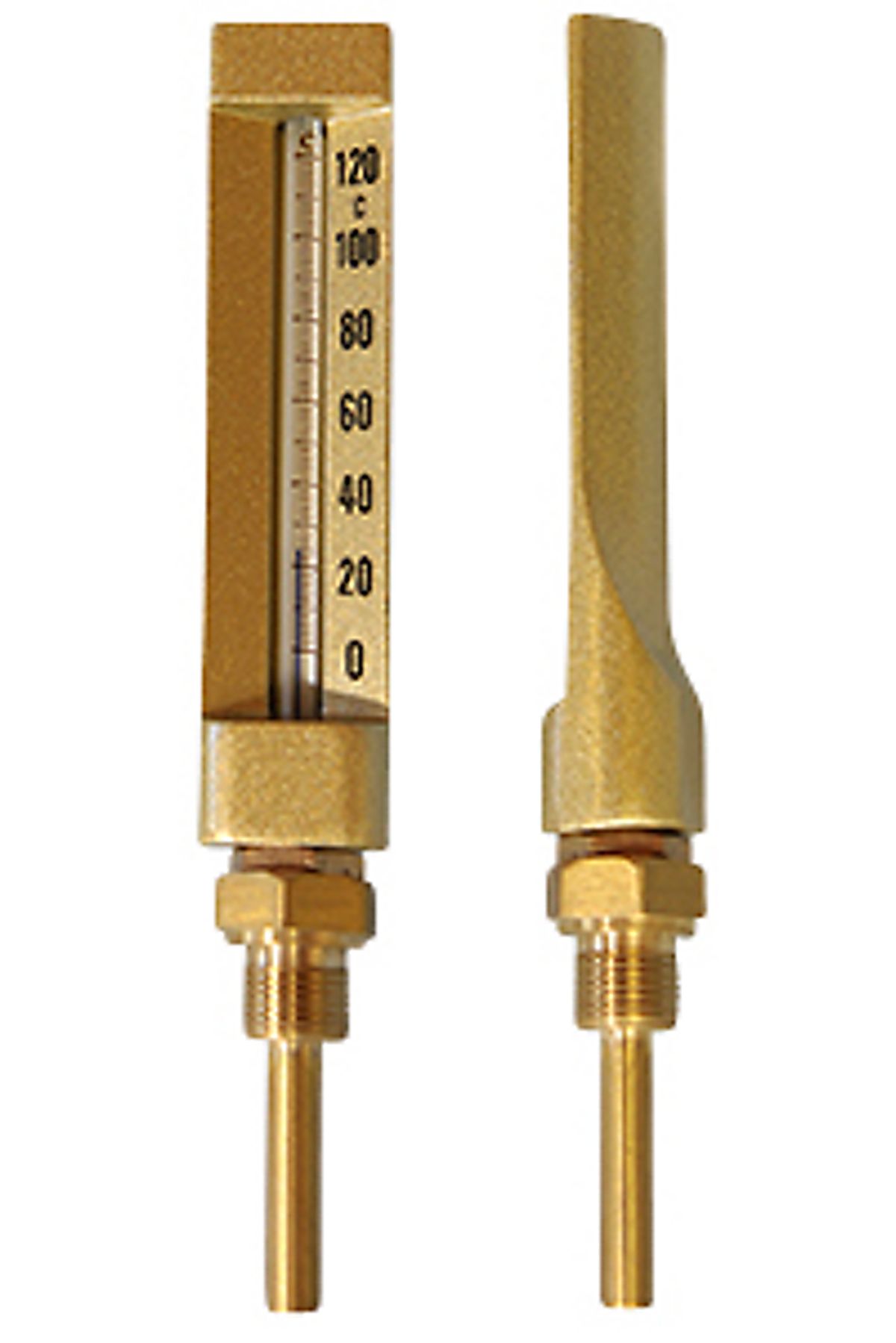 Erik Færgemann Maskintermometer H=150, 1/2''x63 mm. 0-120 C. Messing-udførelse, lige udgave