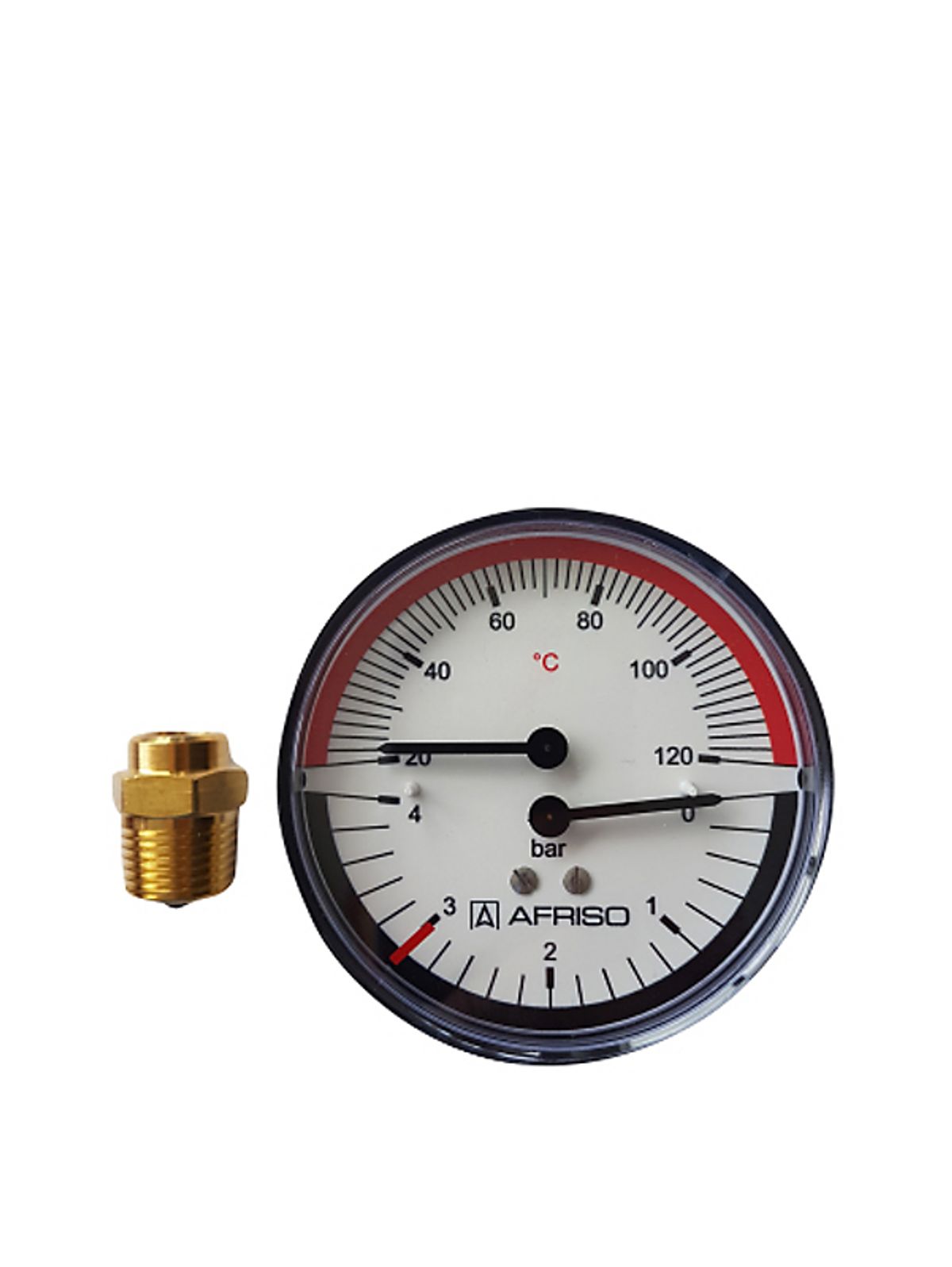 Erik Færgemann termo-manometer Ø80mm, 1/2'' (bag). 0-4 bar. 20-120 C