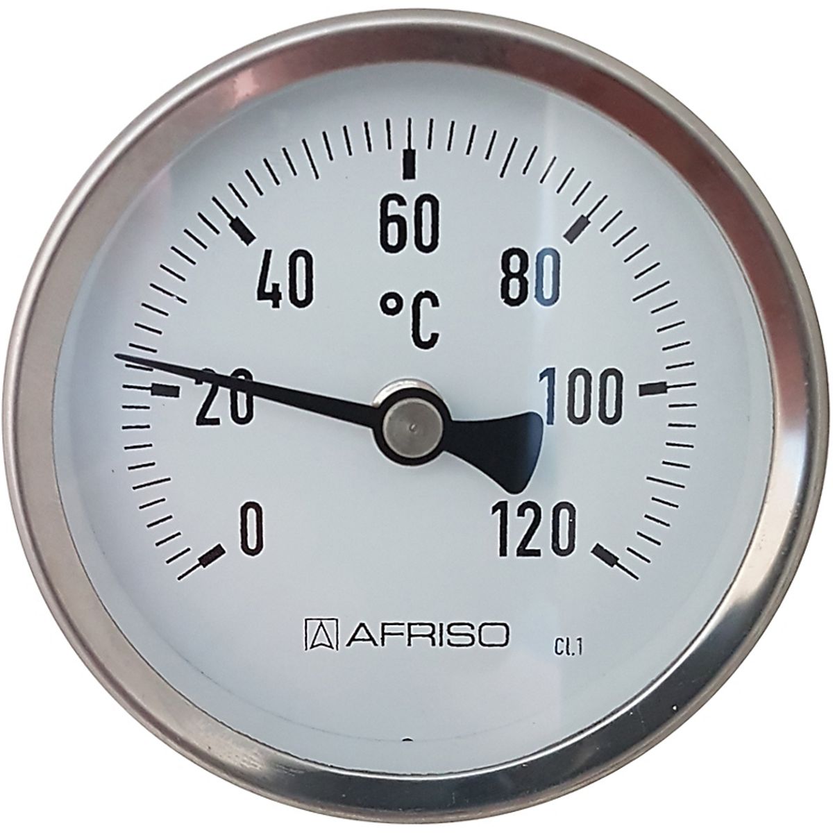 Erik Færgemann Termometer Ø63x63 mm, 0-120C. Rustfrit/Syrefast stål. Føler: Ø8 mm bagud, Nøjagtigh: Kl 1,0