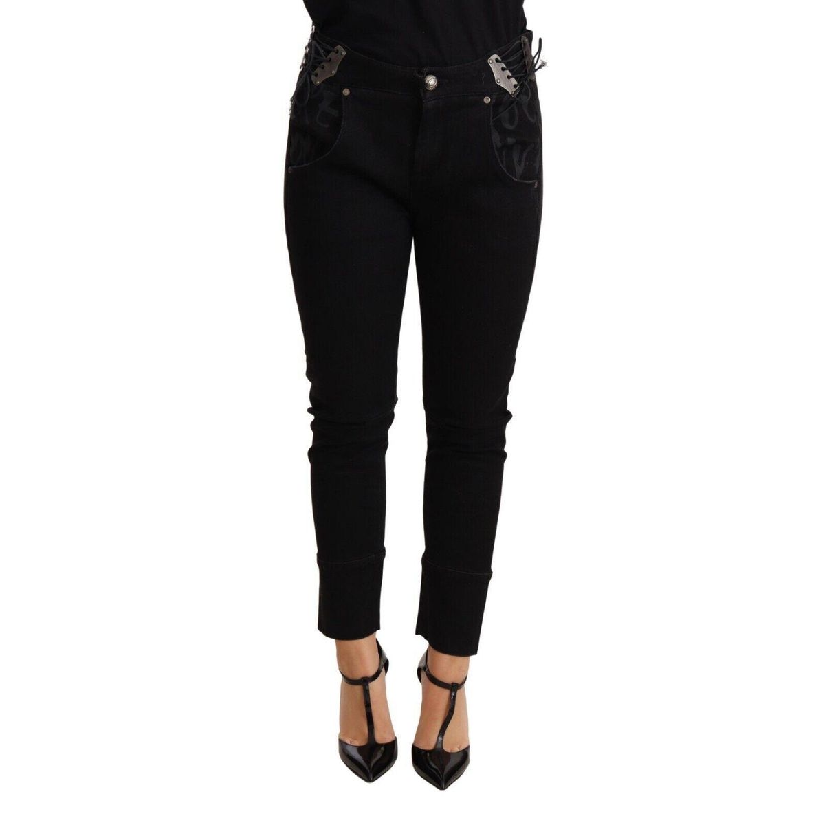 Ermanno Scervino Chic Low Waist Skinny Black Cotton Trousers