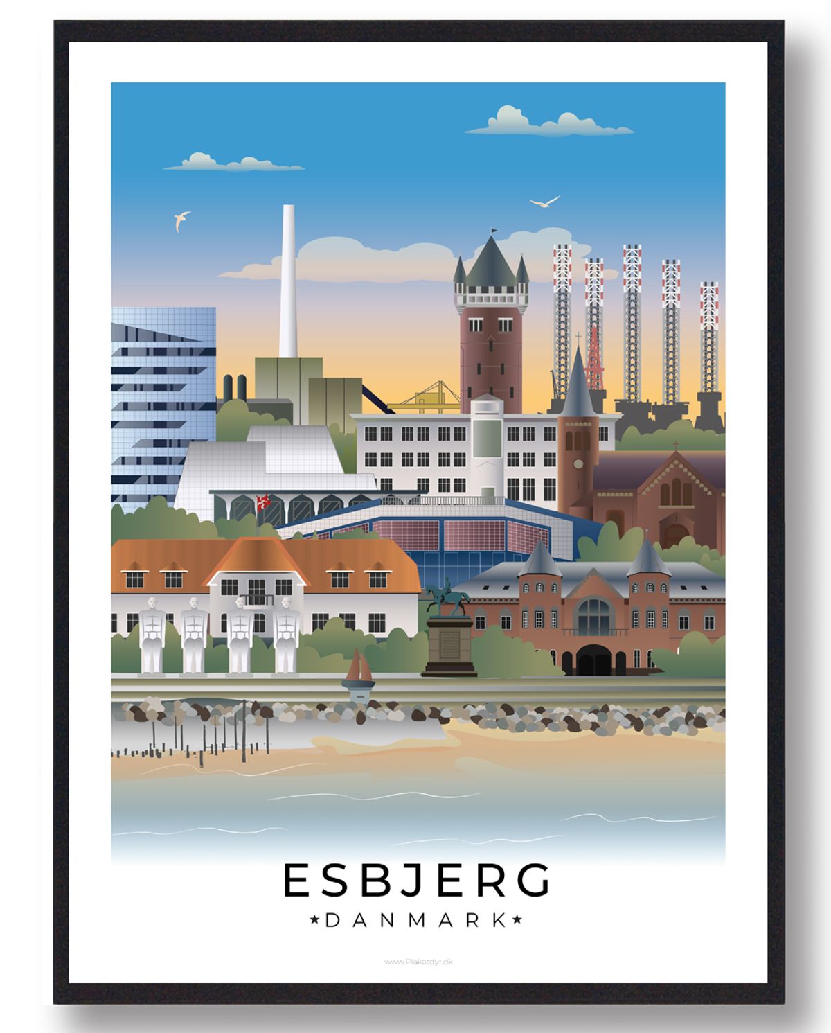 Esbjerg byplakat med hvid kant (RESTPARTI) (Størrelse: L - 50x70cm (B2))