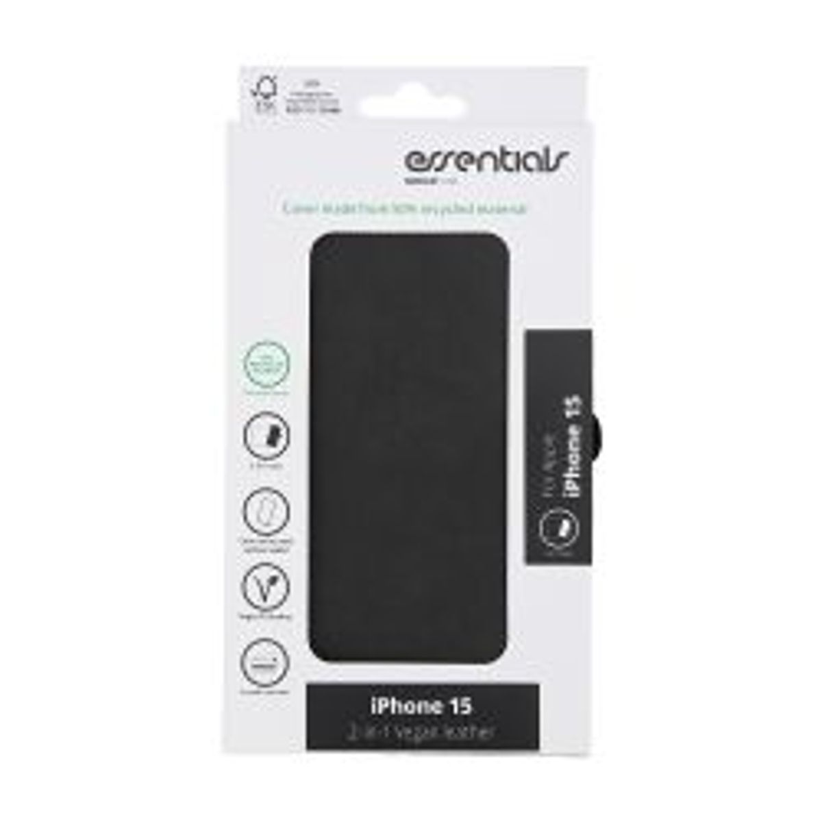 Essentials Iphone 15 Pu Wallet, Recycled Materials, Detachable, Black - Mobilcover