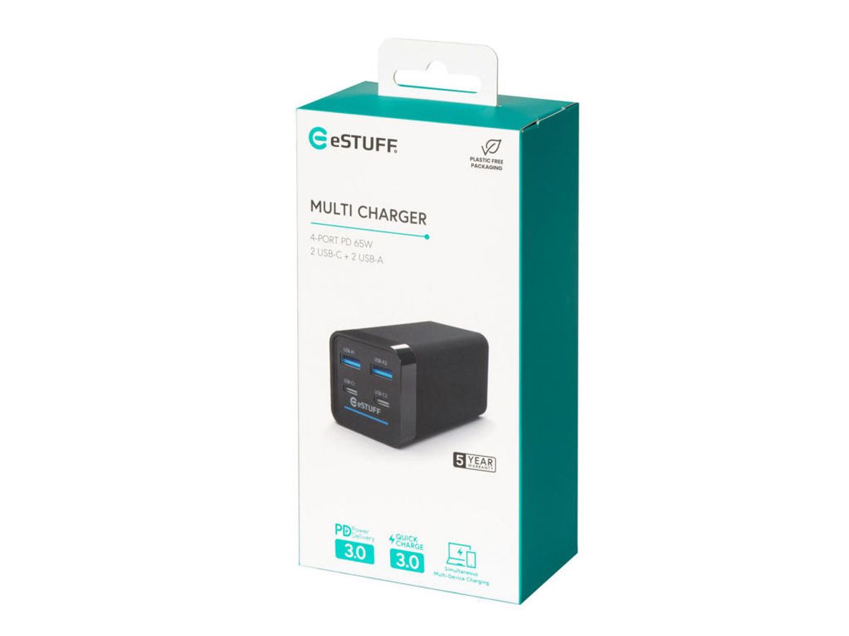 Estuff 65W 4-port PD GaN Multi Charger - 2 Usb-c + 2 Usb-a Ports