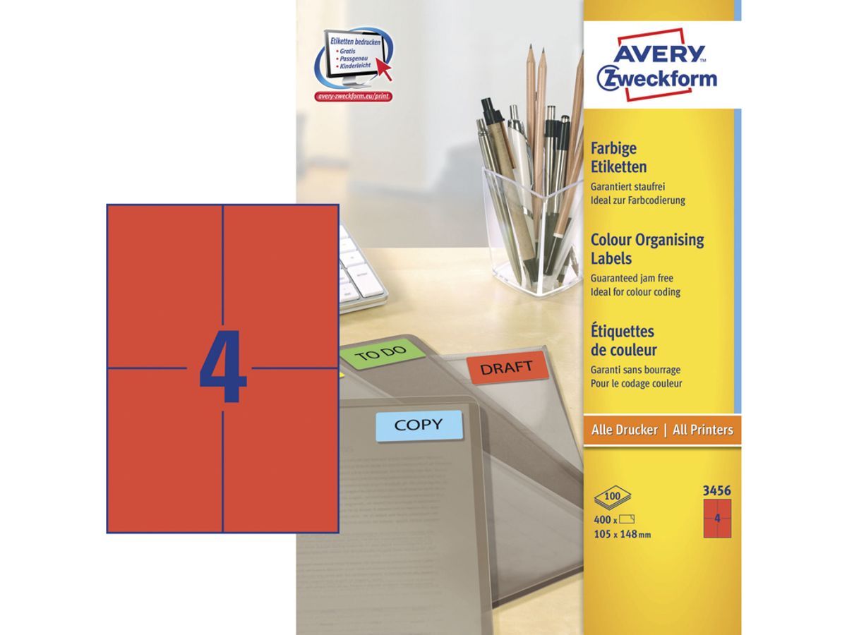 Etiket 105x148mm Avery 3456 rød 4 Stk/ark 100 ark