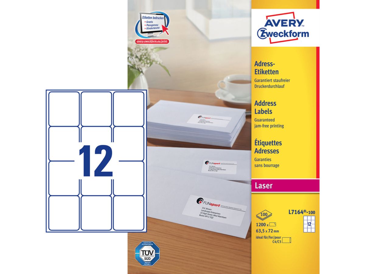 Etiket 63,5x72mm Avery L7164 12 Stk/ark 100 ark