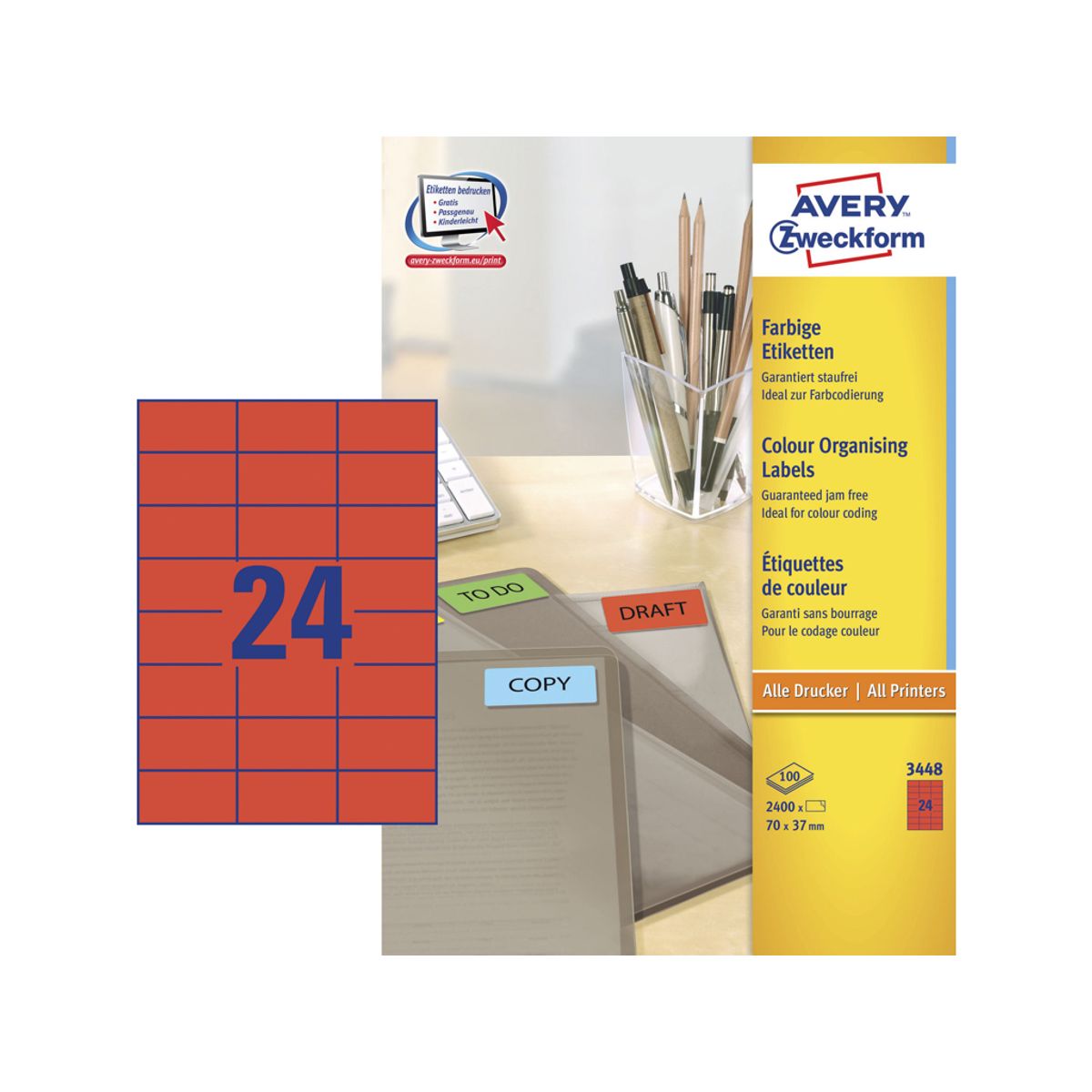 Etiket 70x37mm Avery 3448 rød 24 Stk/ark 100 ark