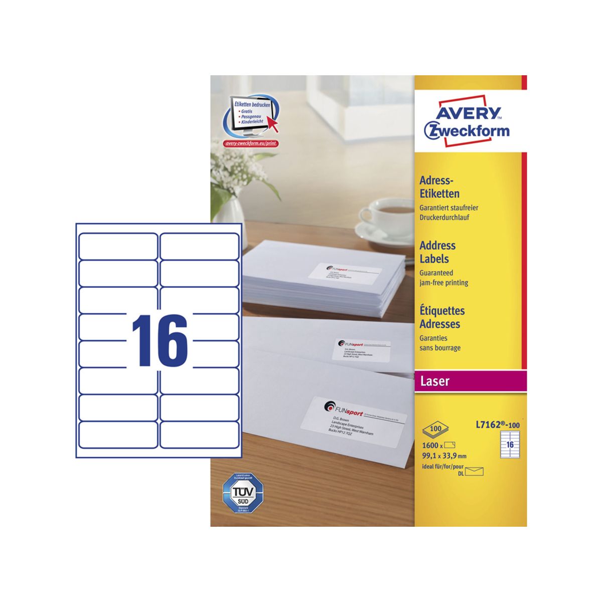 Etiket 99,1x34mm Avery L7162 16 Stk/ark 100 ark