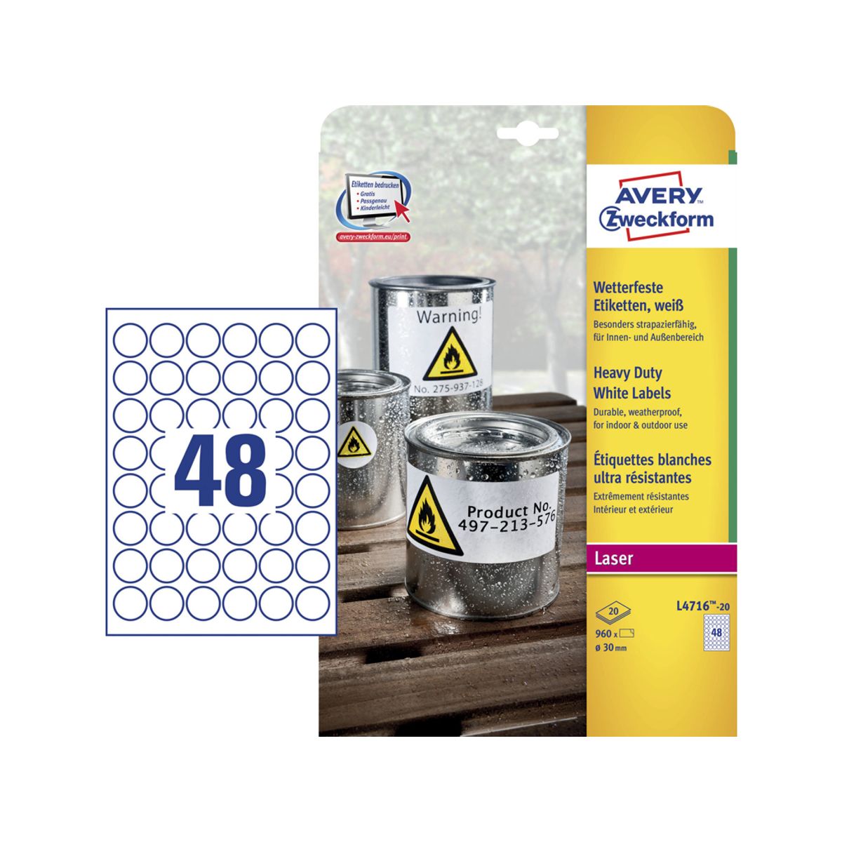 Etiket Ø30mm Avery L4716 Polyester 48 Stk/ark 20 ark