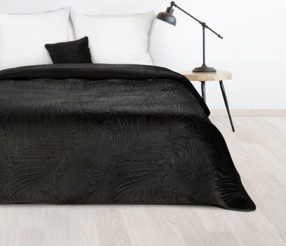 Eurofirany Design 91 Luiz / 4 Fløjlssengetæppe, Varmpresset Quiltet Med Palmebladsmønster, 170X210 Cm, Farve: Sort Sengetæppe