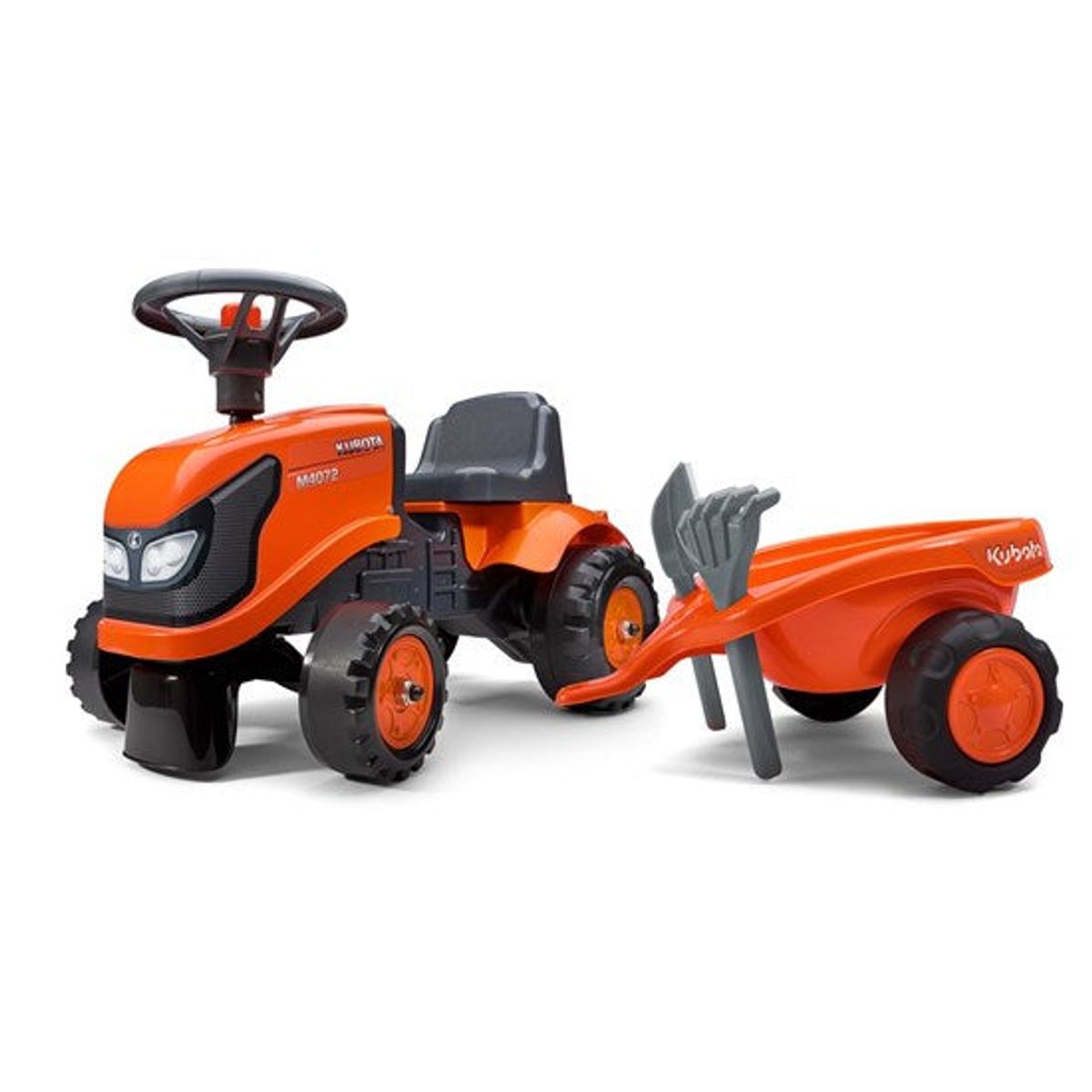 Falk - Baby Kubota ride-on traktor med trailer, rive og skovl 1-3 år