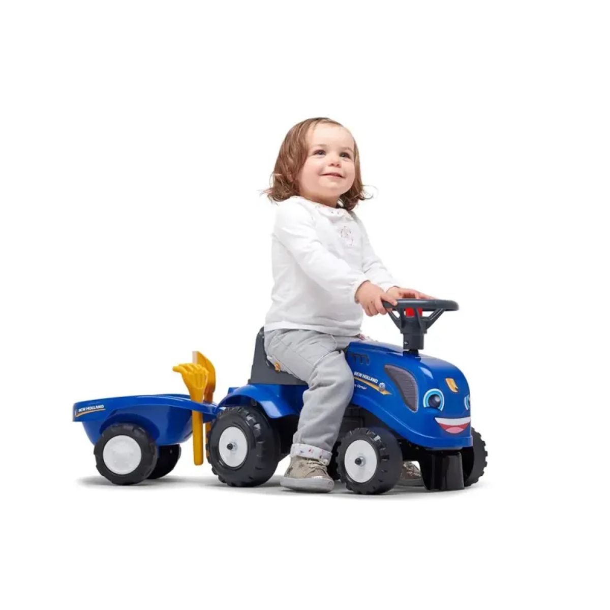 FALK Baby New Holland ride-on traktor med trailer, rive og skovl