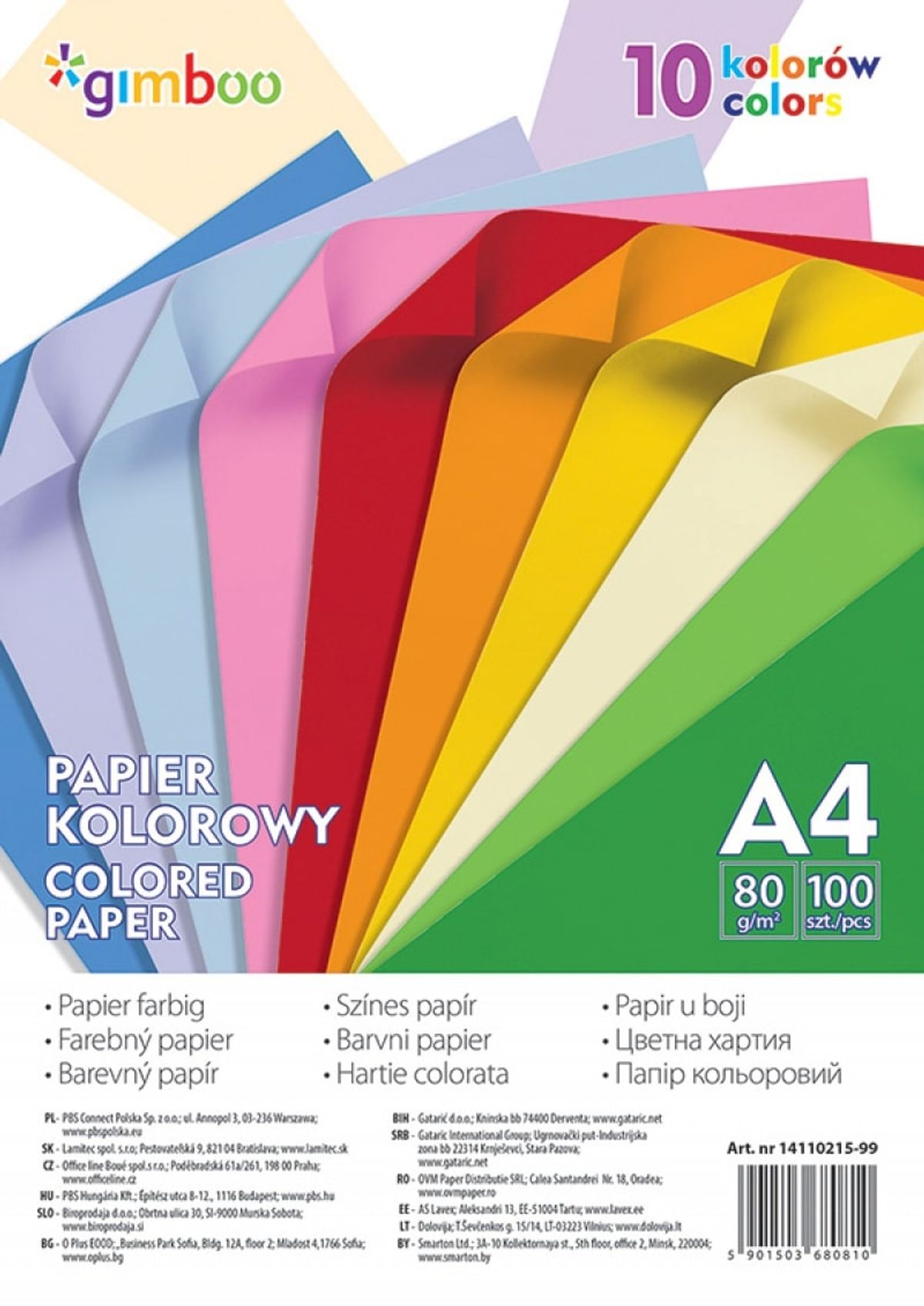 Farvet papir A4 80 gsm 10 neonfarver.