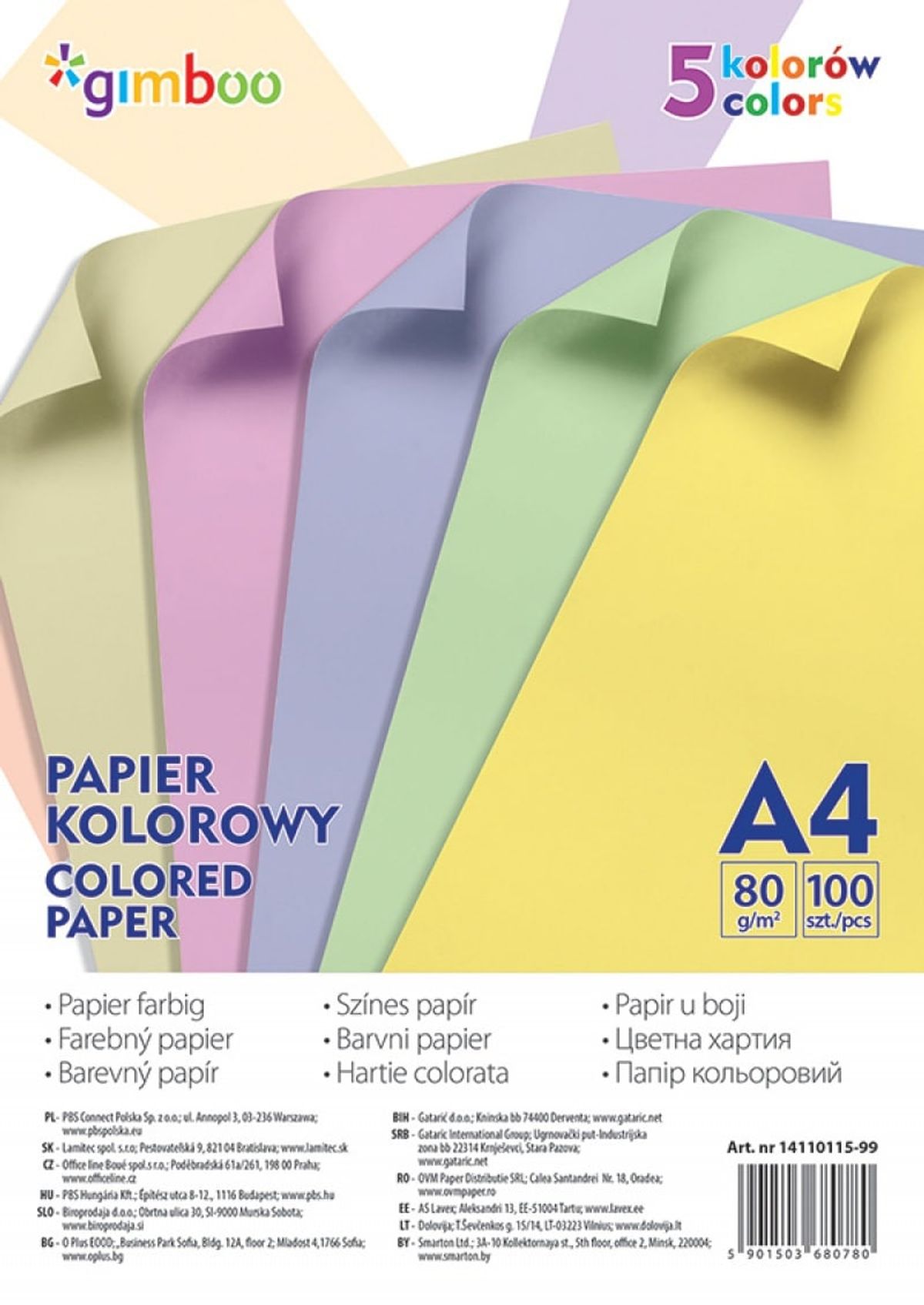 Farvet papir A4 80 gsm 5 pastelfarver.