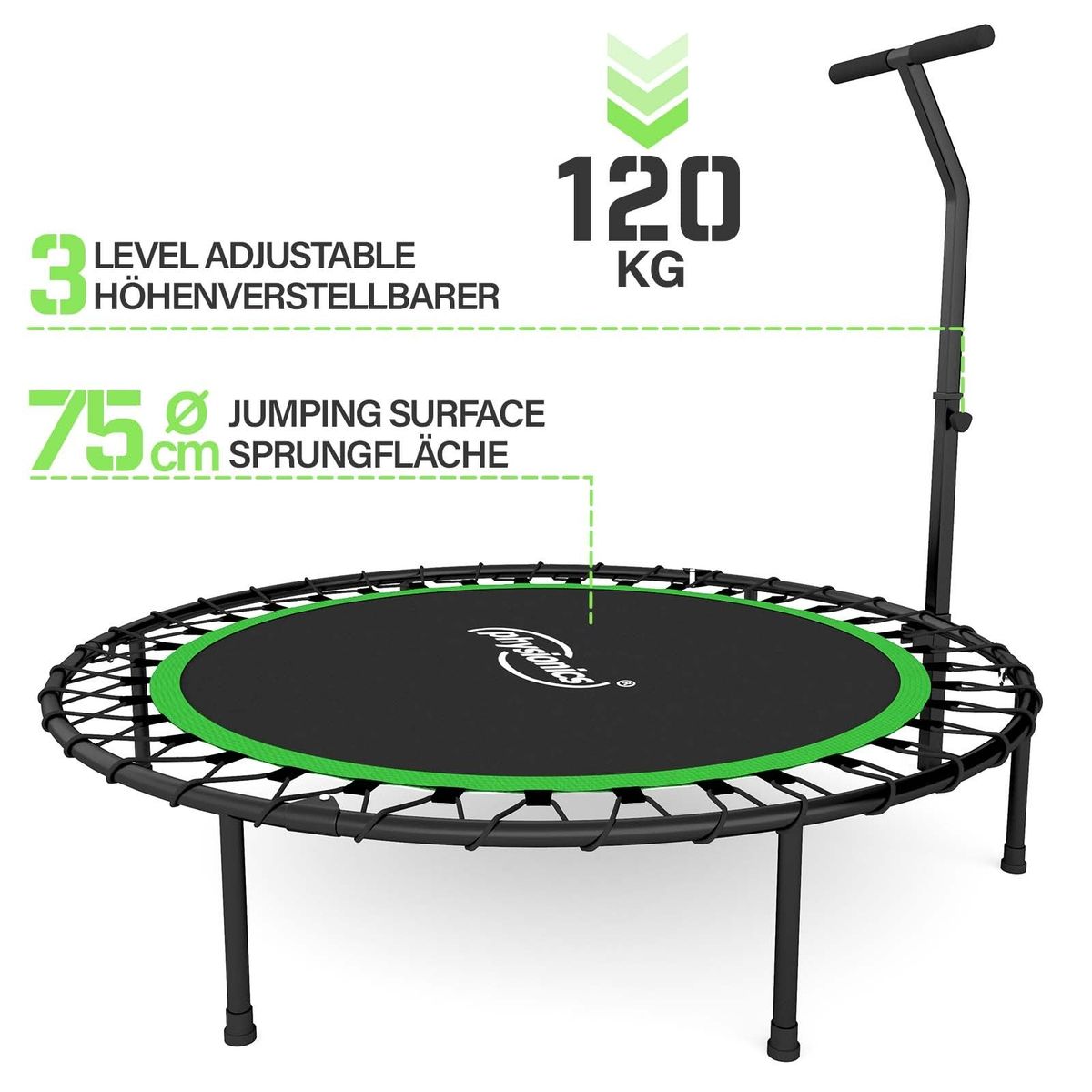 Fitness Trampolin - 101 cm, højdejusterbart håndtag, op til 120 kg, foldbar, sort/grøn