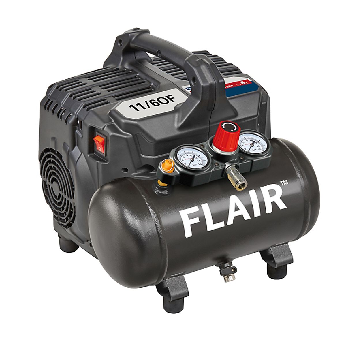 Flair 11/6OF kompressor 1,0hk 230V, lydsvag, 105L/min, 6L tank, 8 bar, oliefri