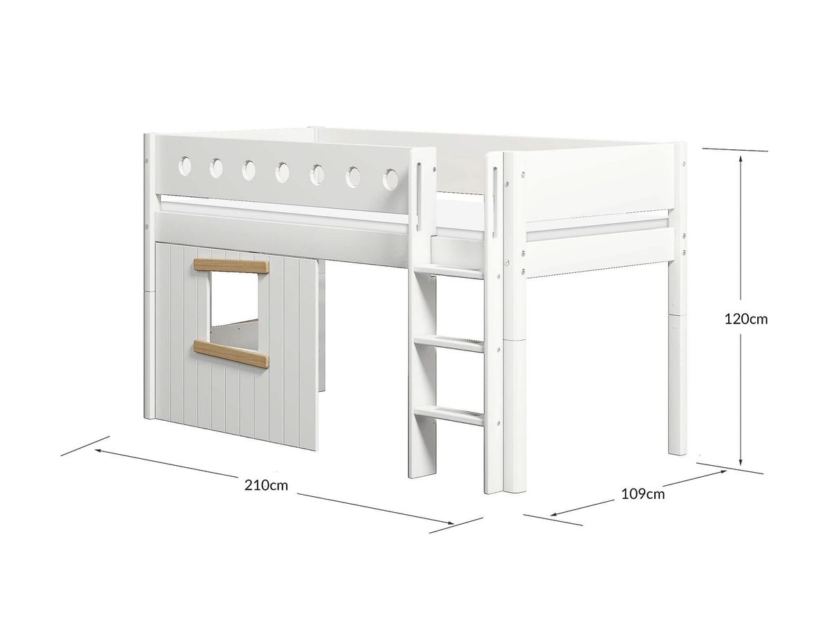 FLEXA Halvhøj seng med lige stige & træhyttesengefronter, egetræsramme. 210.0 cm x 120.0 cm x 109.0 cm White/Oak
