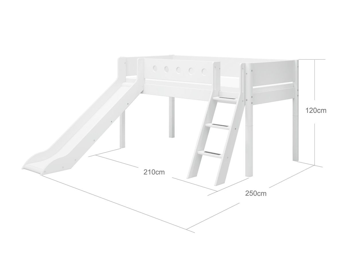 FLEXA Halvhøj seng med skrå stige og rutsjebane 210.0 cm x 120.0 cm x 250.0 cm White