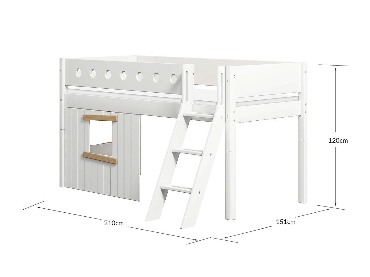 FLEXA Halvhøj seng med skrå stige & træhyttesengefronter, egetræsramme. 210.0 cm x 120.0 cm x 151.0 cm White/Oak