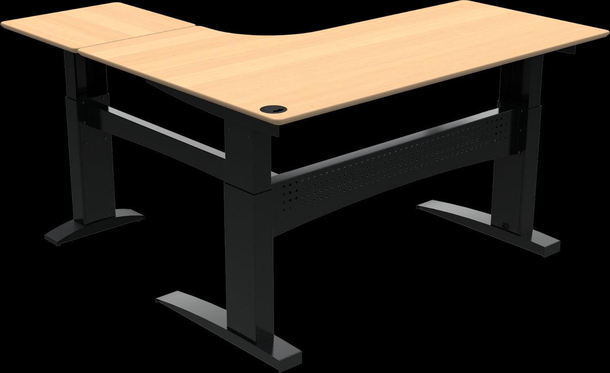 FlexDesk, Tre-bens hæve-/sænkebord, L-form, højrevendt, natur/sort, H122x180x180 cm, bøg