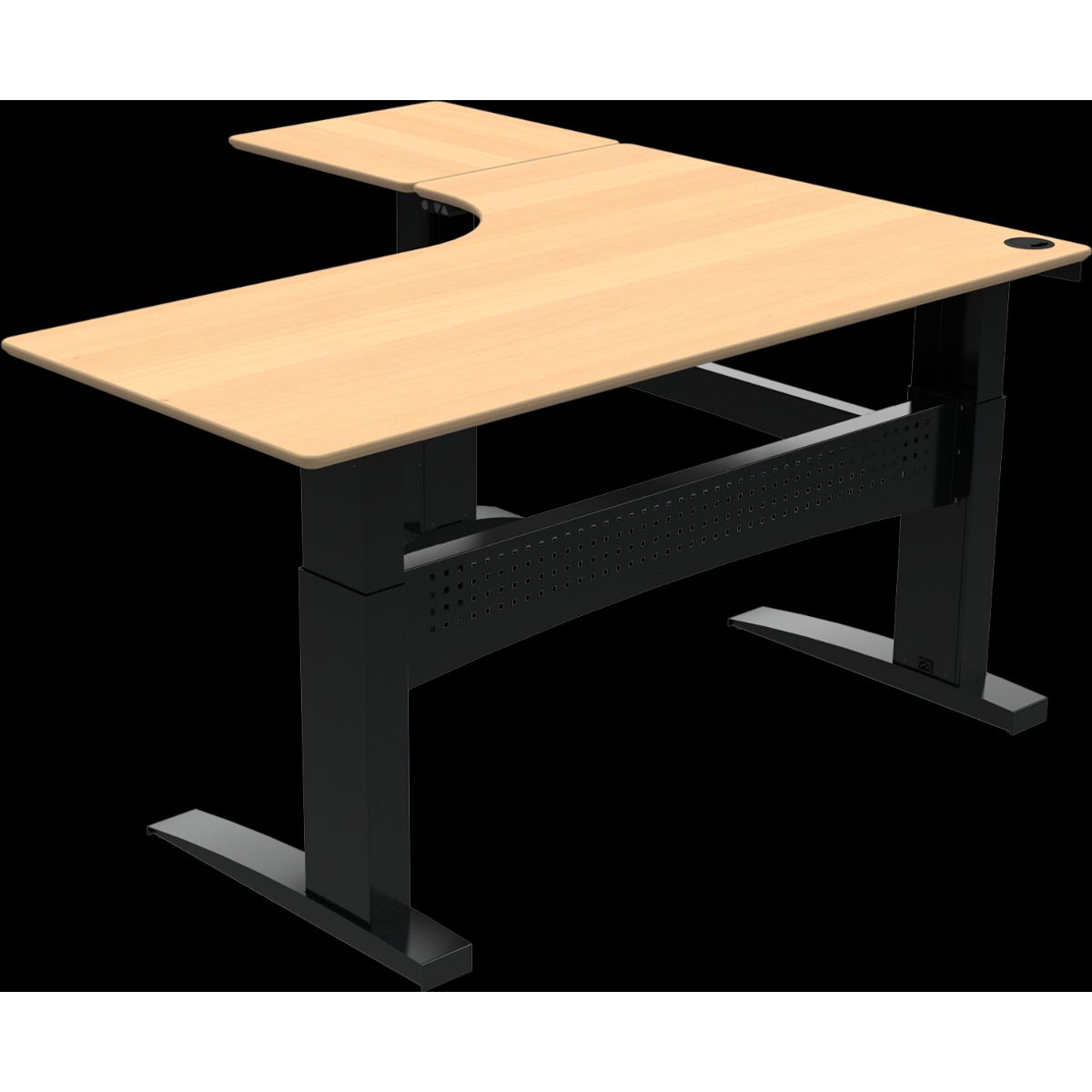 FlexDesk, Tre-bens hæve-/sænkebord, L-form, venstrevendt, natur/sort, H122x180x180 cm, bøg