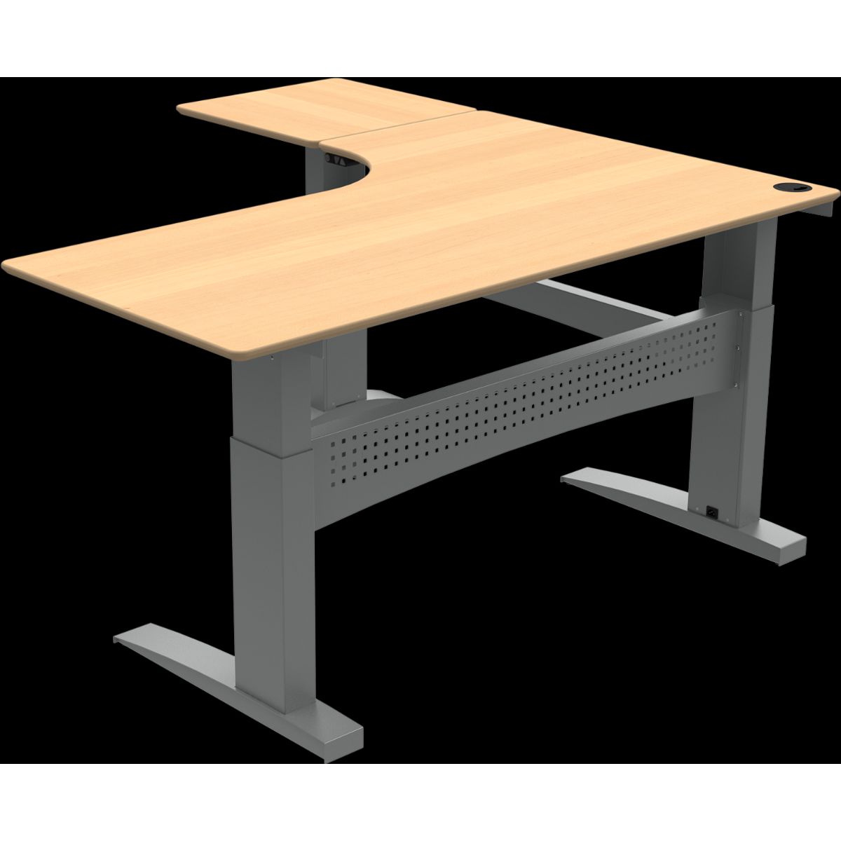 FlexDesk, Tre-bens hæve-/sænkebord, L-form, venstrevendt, natur/sølv, H122x180x180 cm, bøg