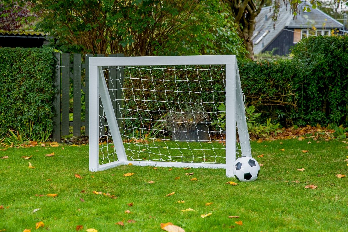 Fodboldmål i TRÆ - 125 cm x 100 cm med net i HVID - KRAFTIG KVALITET - HURTIG LEVERING