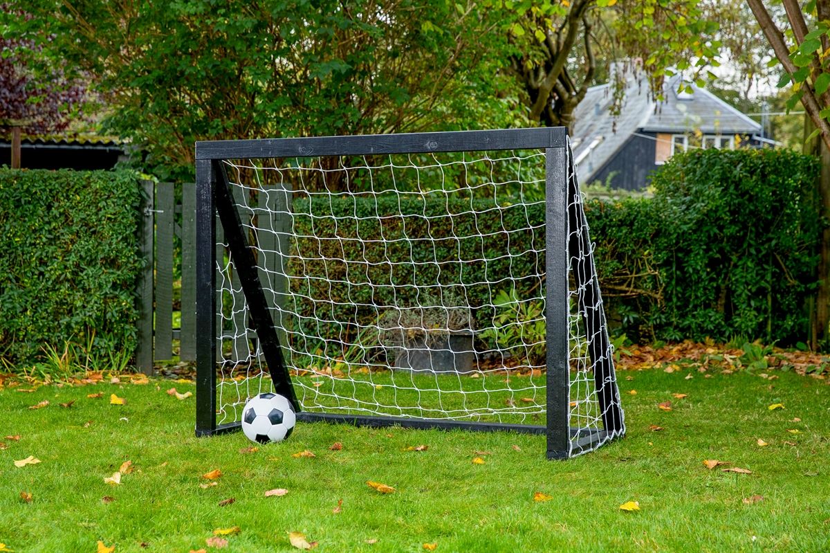 Fodboldmål i TRÆ - 150 cm x 120 cm med net i SORT - KRAFTIG KVALITET - HURTIG LEVERING