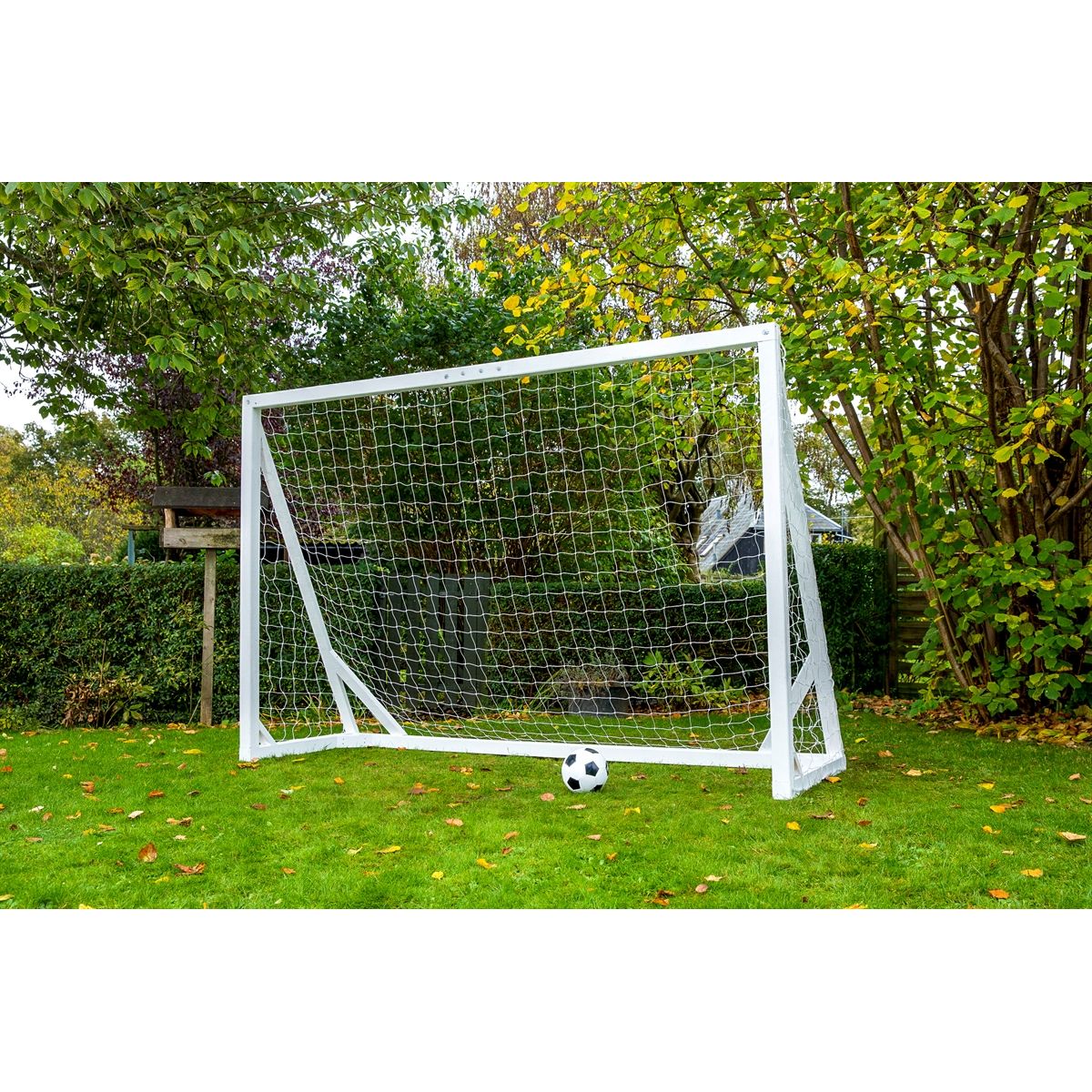 Fodboldmål i TRÆ - FRI FRAGT - 300 cm x 200 cm med net i HVID - KRAFTIG KVALITET - HURTIG LEVERING