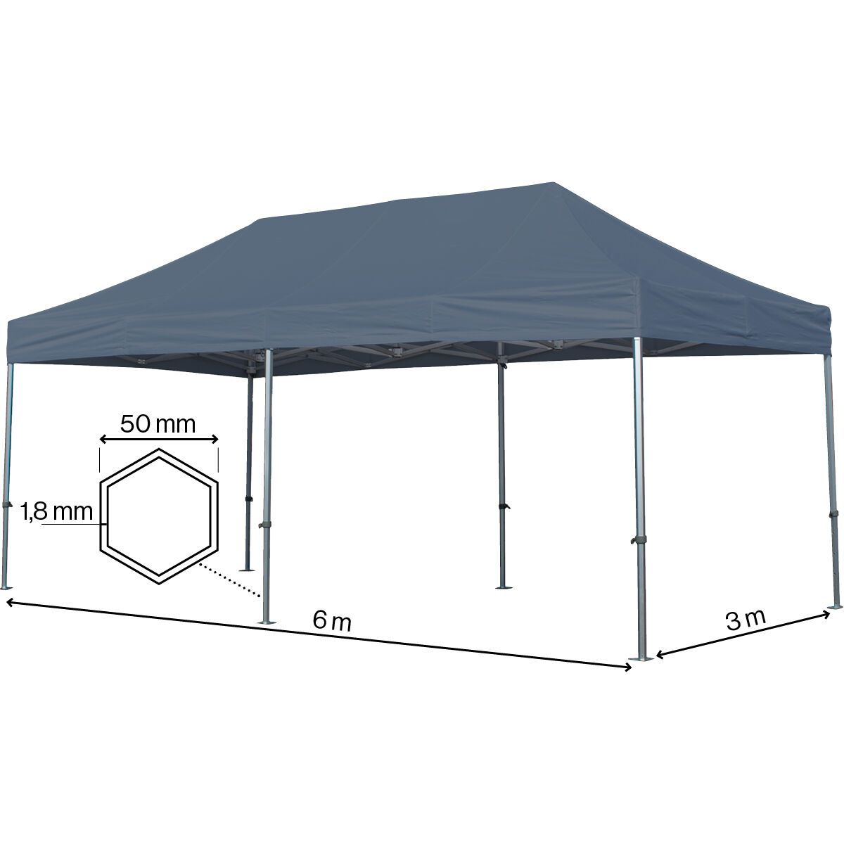 Foldetelt Komplet 3x6m HEXA Heavy Duty - Grå