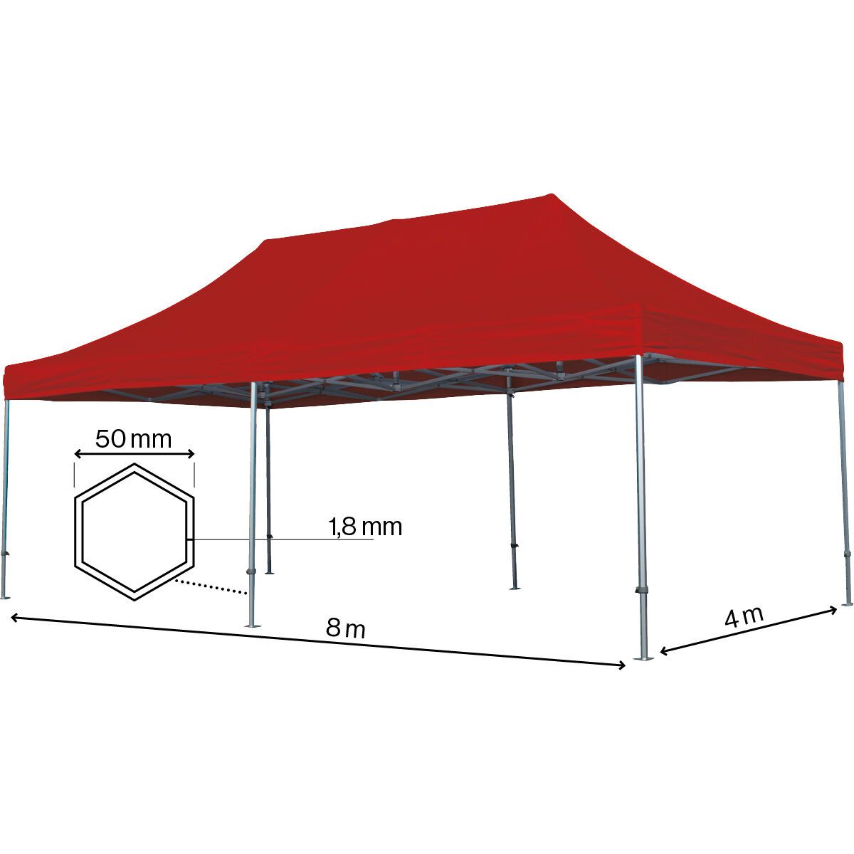 Foldetelt Komplet 4x8m HEXA Heavy Duty - Rød