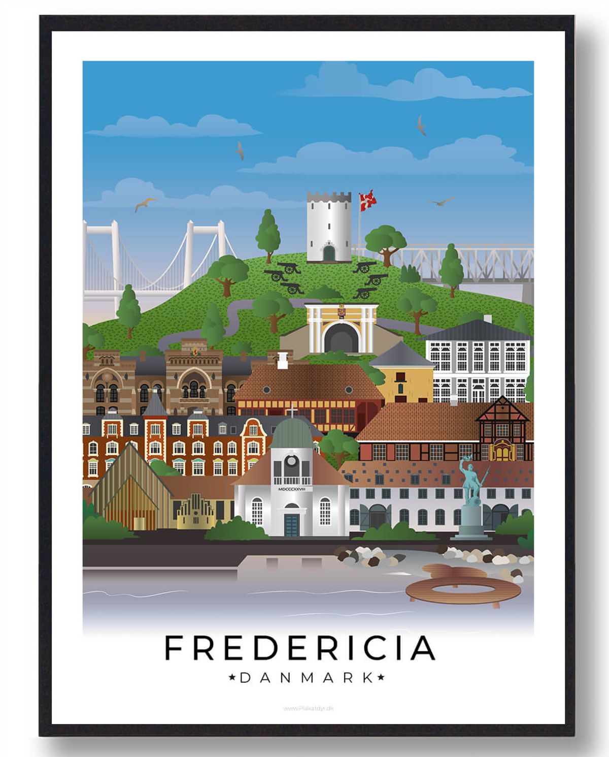 Fredericia byplakat med hvid kant (RESTPARTI) (Størrelse: L - 50x70cm (B2))