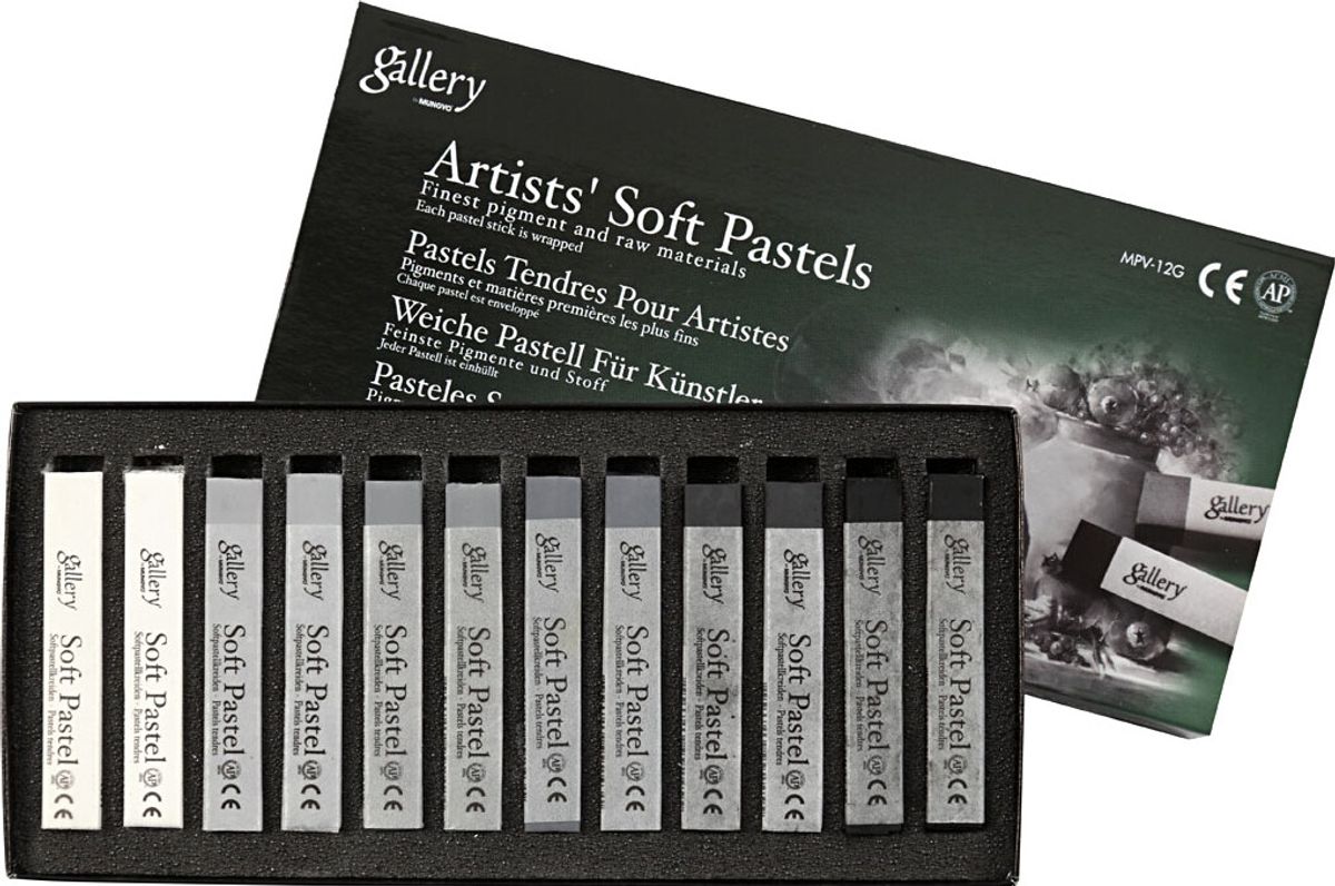 Gallery - Artists Soft Pastels - Tørpasteller - Sort Hvid - 12 Stk.