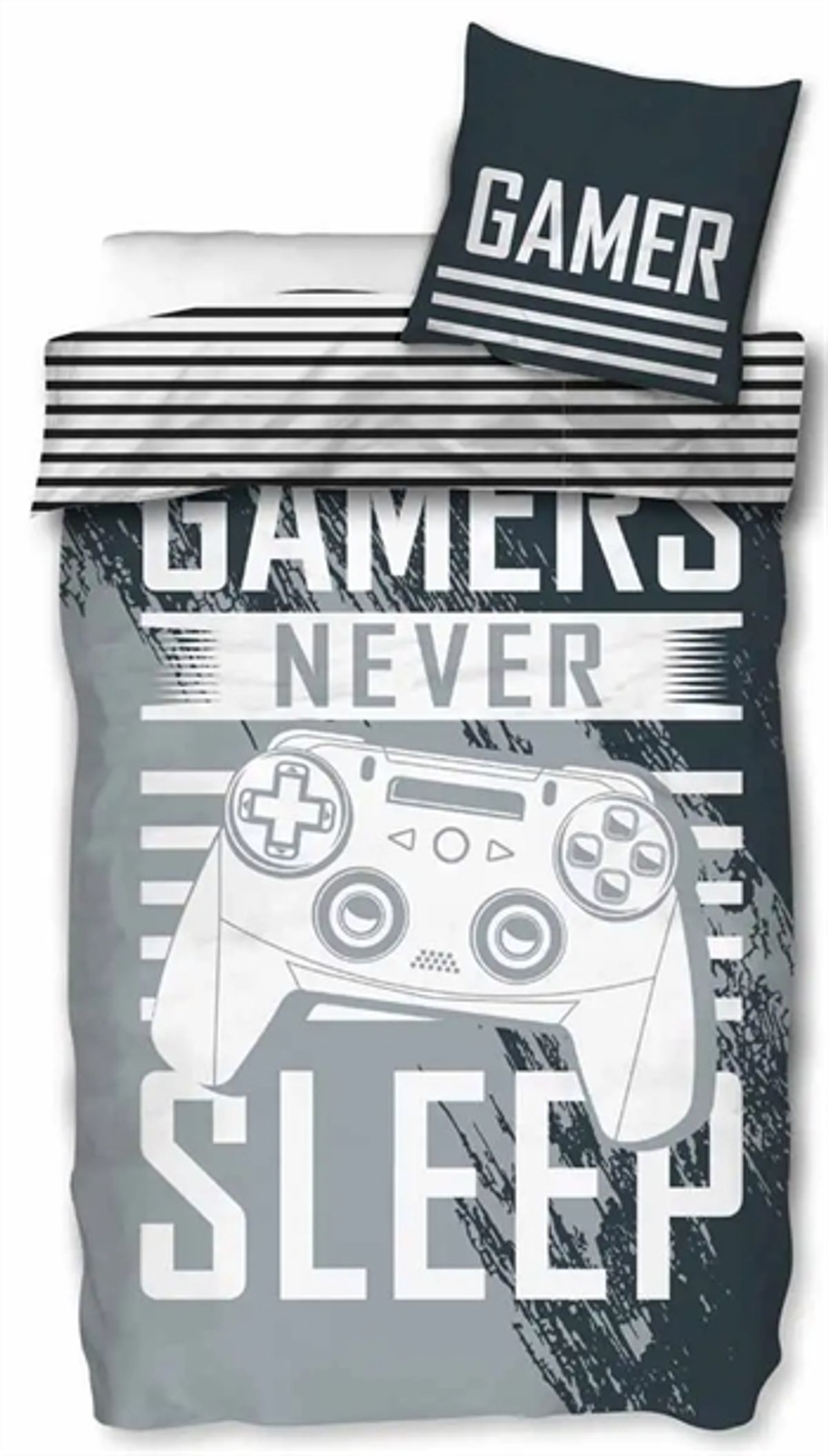 Gamer sengetøj - 140x200 cm - Gamers never sleep - Dynebetræk med 2 i 1 design - 100% bomuld sengesæt