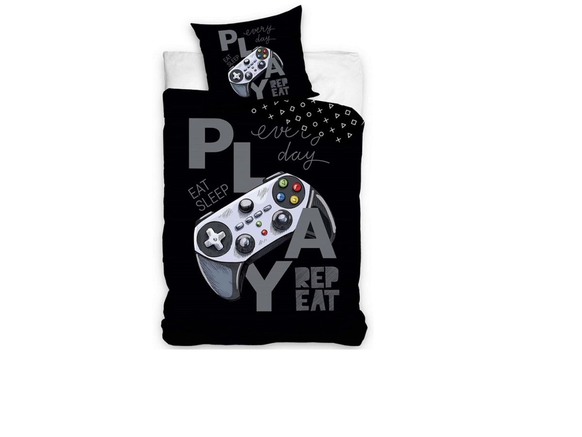 Gamer Sengetøj ''Play Repeat'' 140 X 200 Cm - 100 Procent Bomuld