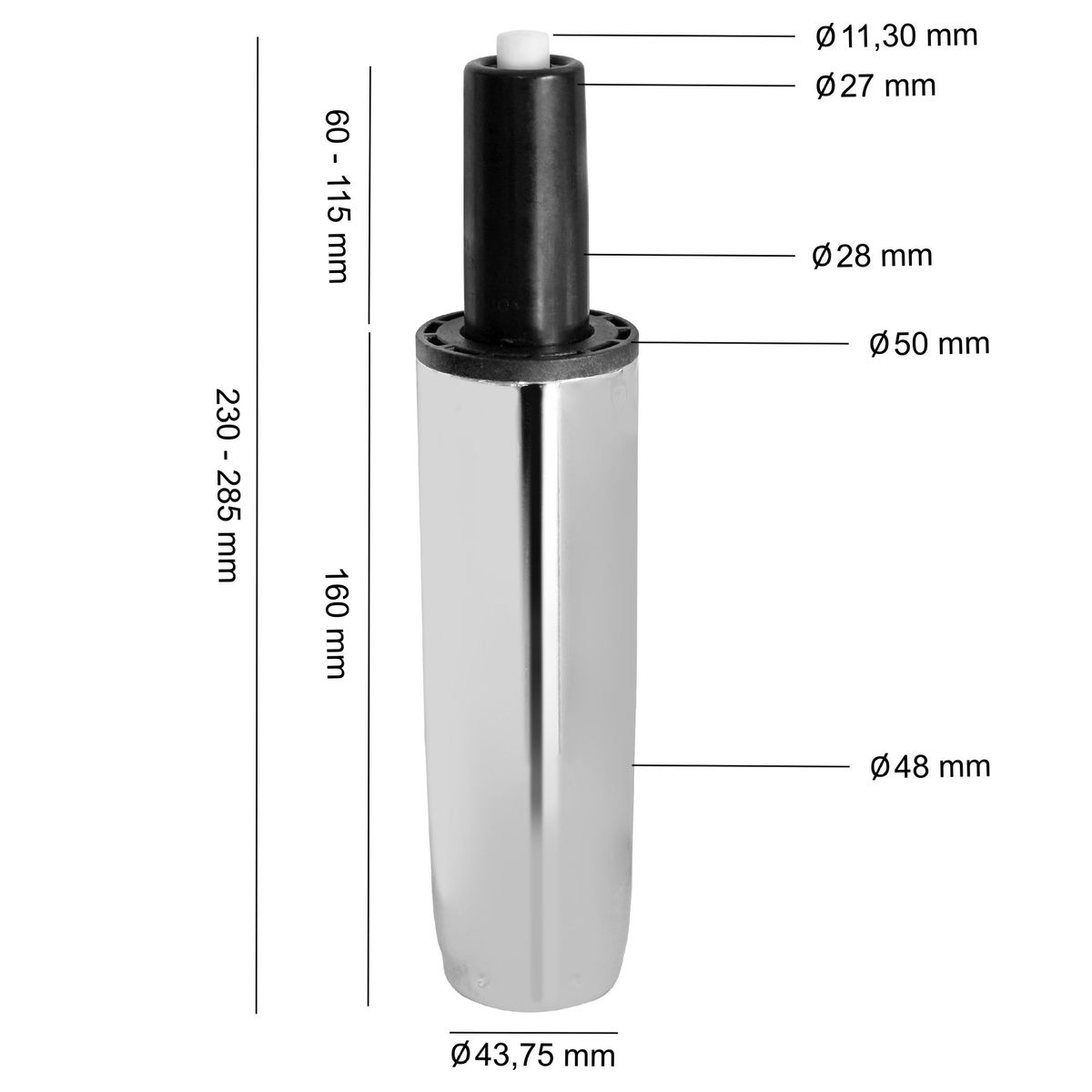 Gasfjeder Til Kontorstol, 160 Mm / 50 Mm, chrom