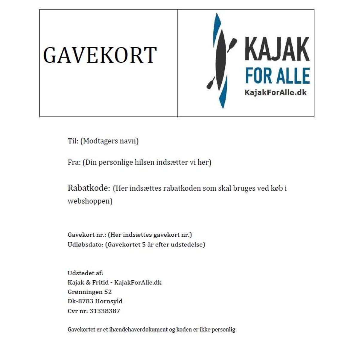 Gavekort til KajakForAlle.dk