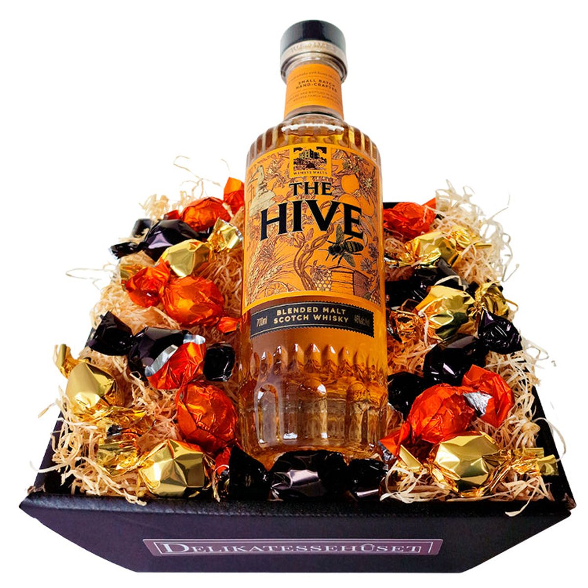 Gavekurv - med Wemyss The Hive whisky og chokolader