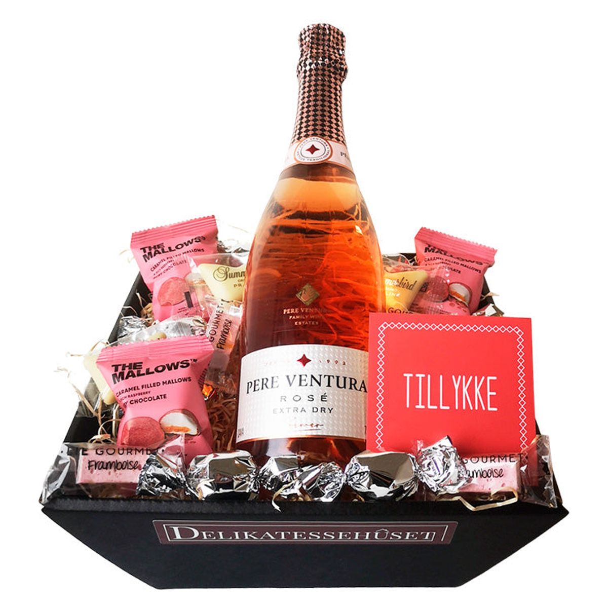 Gavekurv - tillykke med rosé bobler og luksus chokolade