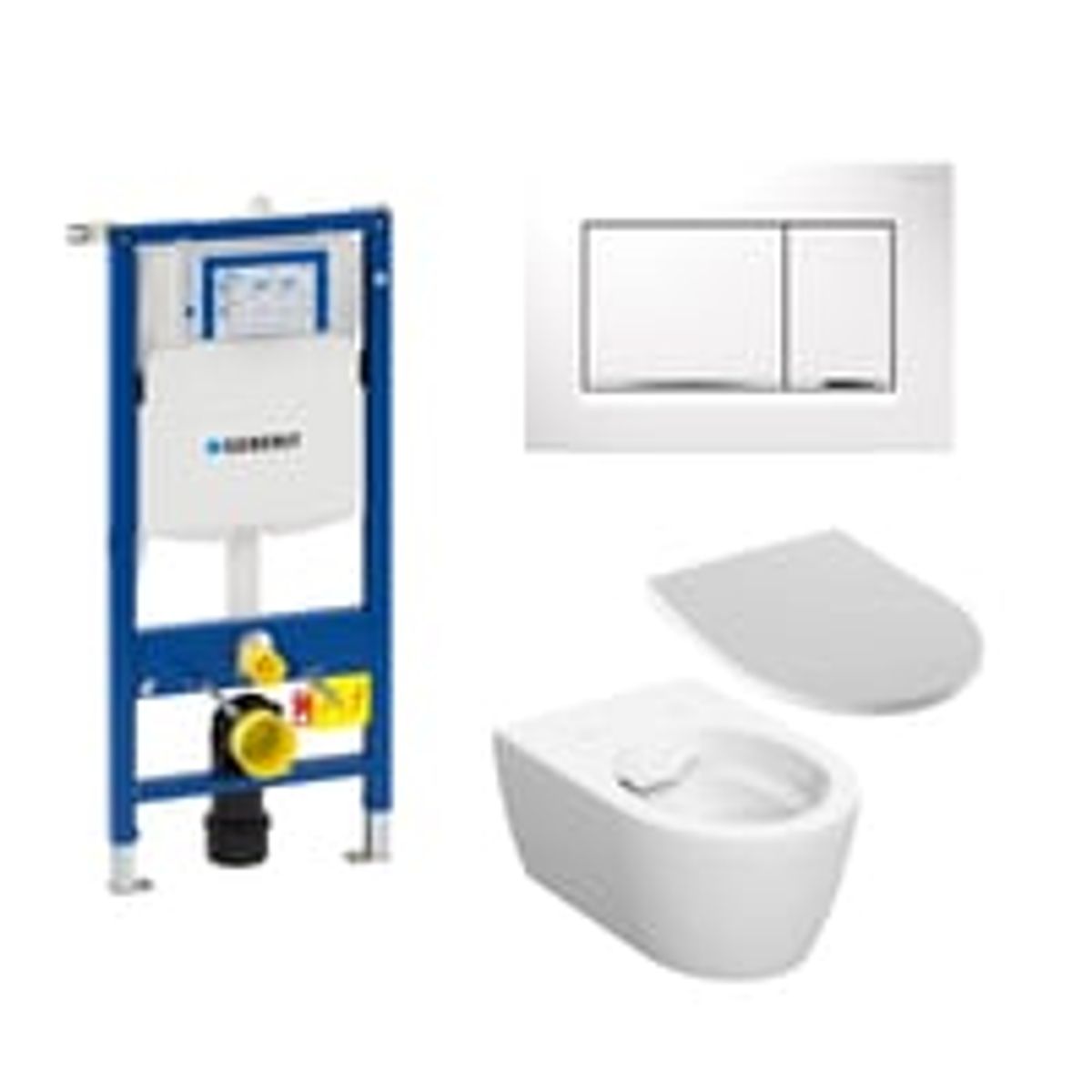 Geberit Sigma 112 cm toiletpakke, inkl. Geberit iCon, Rimfree + SoftClose toiletsde, og Sigma30: Hvid (krom detajler) trykknap