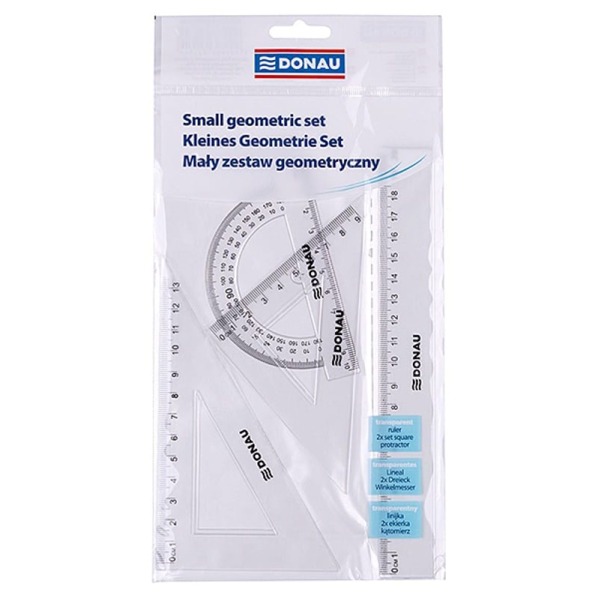 Geometrisæt DONAU gennemsigtig lineal vinkelmåler firkanter.