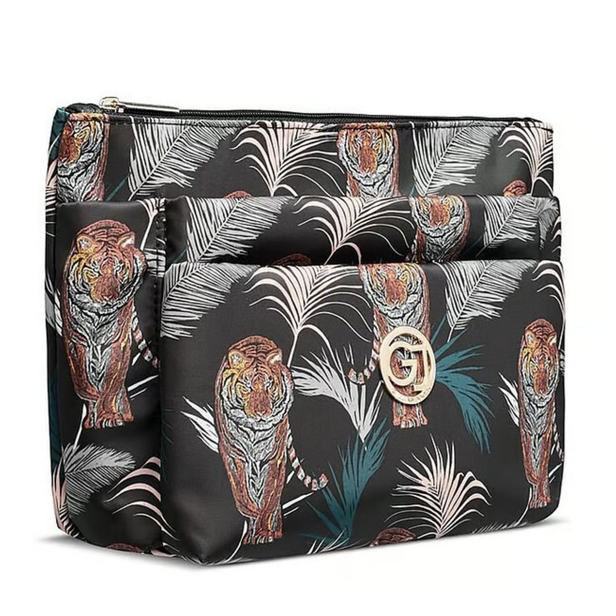 Gillian Jones - Makeuptaske 3 Rums Sort Tigre & Palme Print