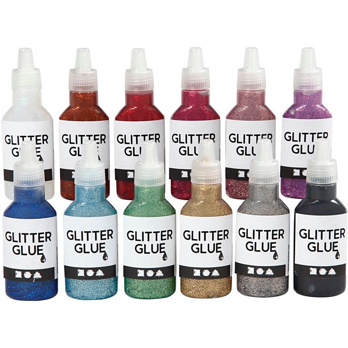 Glitterlim, ass. farver, 12x25ml