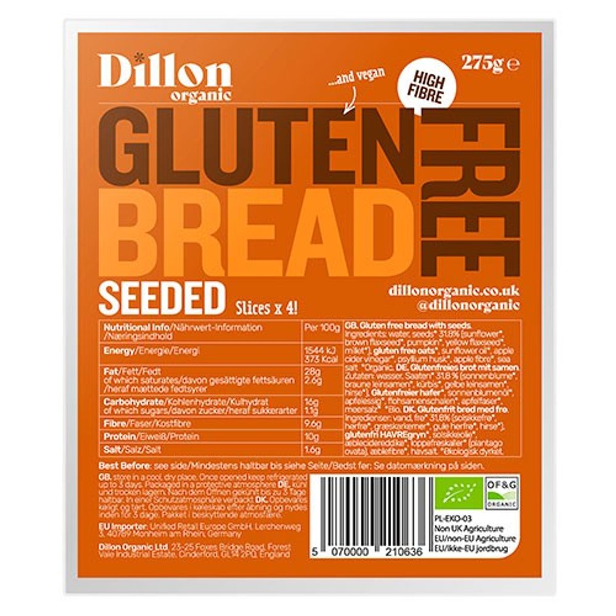 Glutenfrit brød med frø (skiveskåret) Økologisk - 275 gram - Dillon Organic