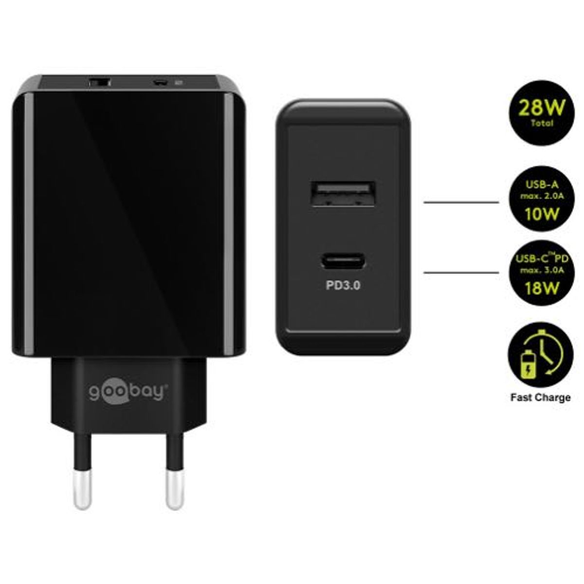 Goobay - Dual USB-C + USB-A Hurtig lader (5A/28W) (Han-Han) (Sort) - 0,1 m