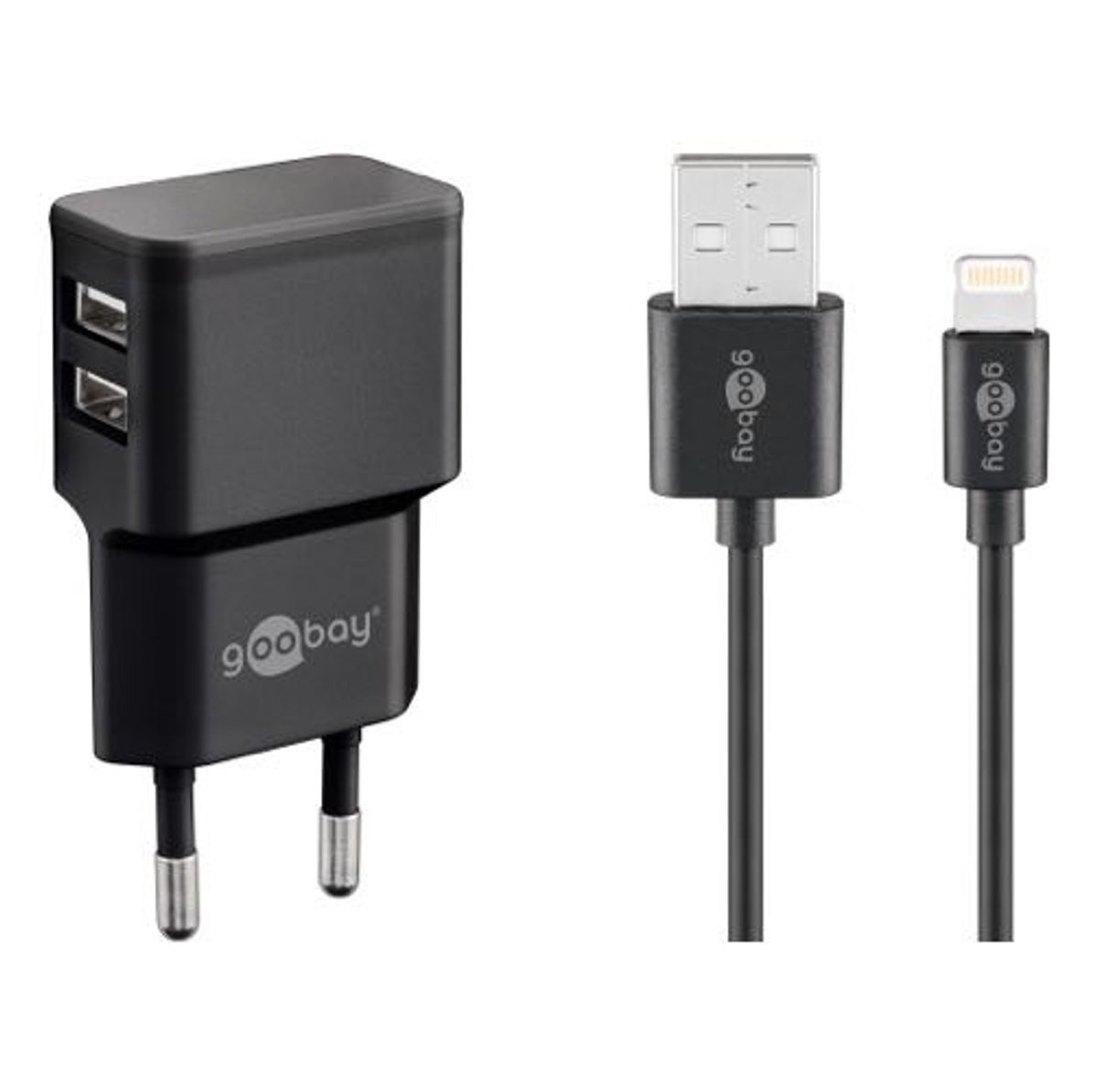 Goobay - Dual USB oplader sæt (USB i siden)(Apple Lightning) (2.4A/12W) (Han-Han) (Sort) - 1,0 m