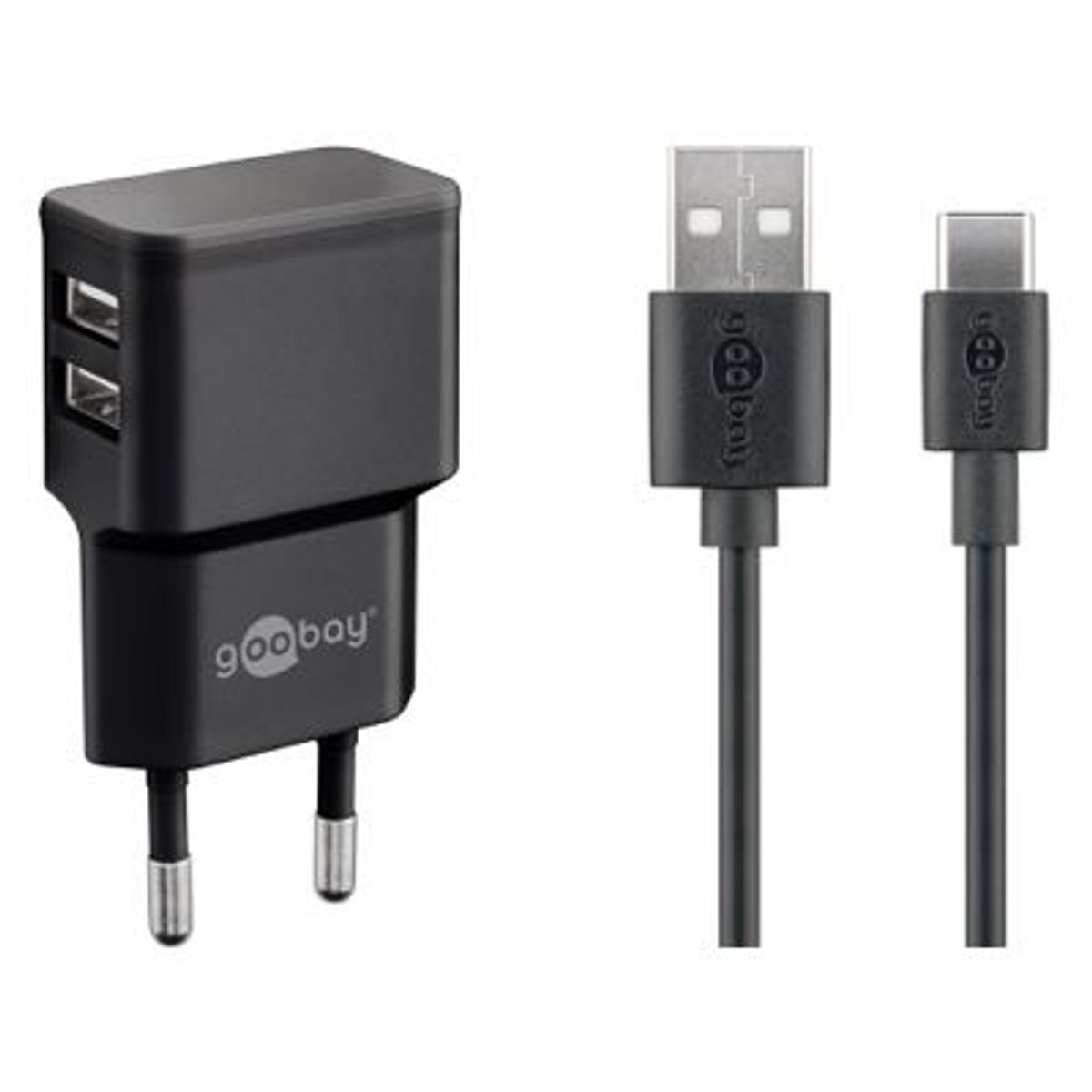 Goobay - Duel USB oplader sæt (indg. i side) (USB-C) (1A/5W) (Han-Han) (Sort) - 1,0 m