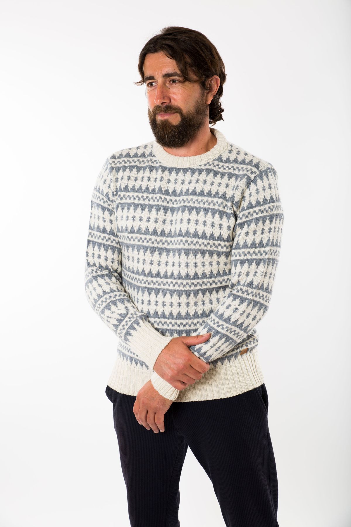 Gorm Sweater Round Neck - Fuza Wool - White/denim